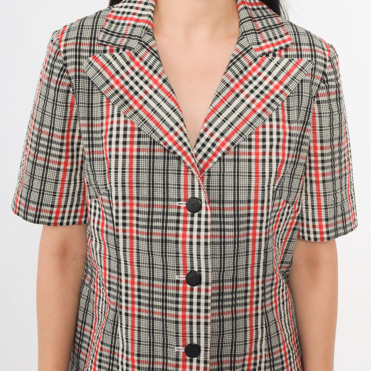 70s Black White Red Plaid Button-Up Blouse Short Sleeve Collared Shirt Medium
