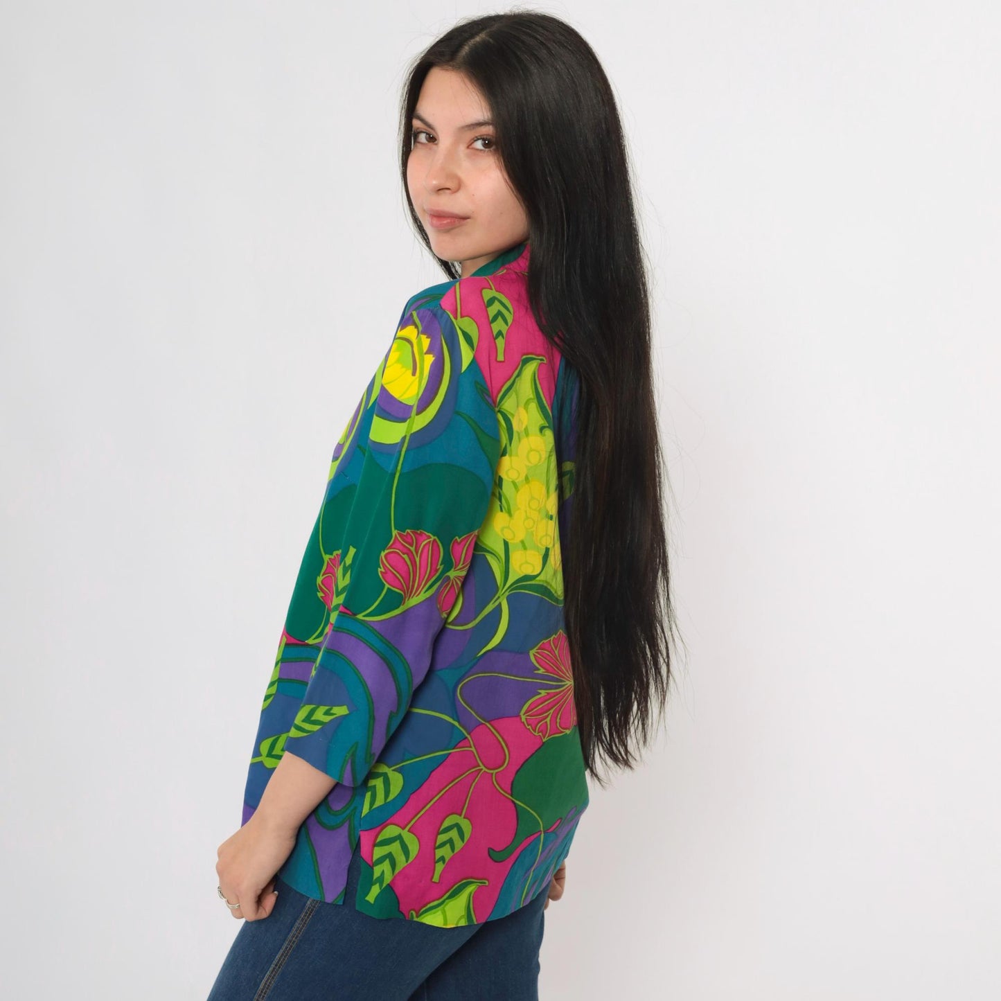 70s Tropical Floral Button-Up Shirt Purple Green Multicolor 3/4 Sleeve Medium M