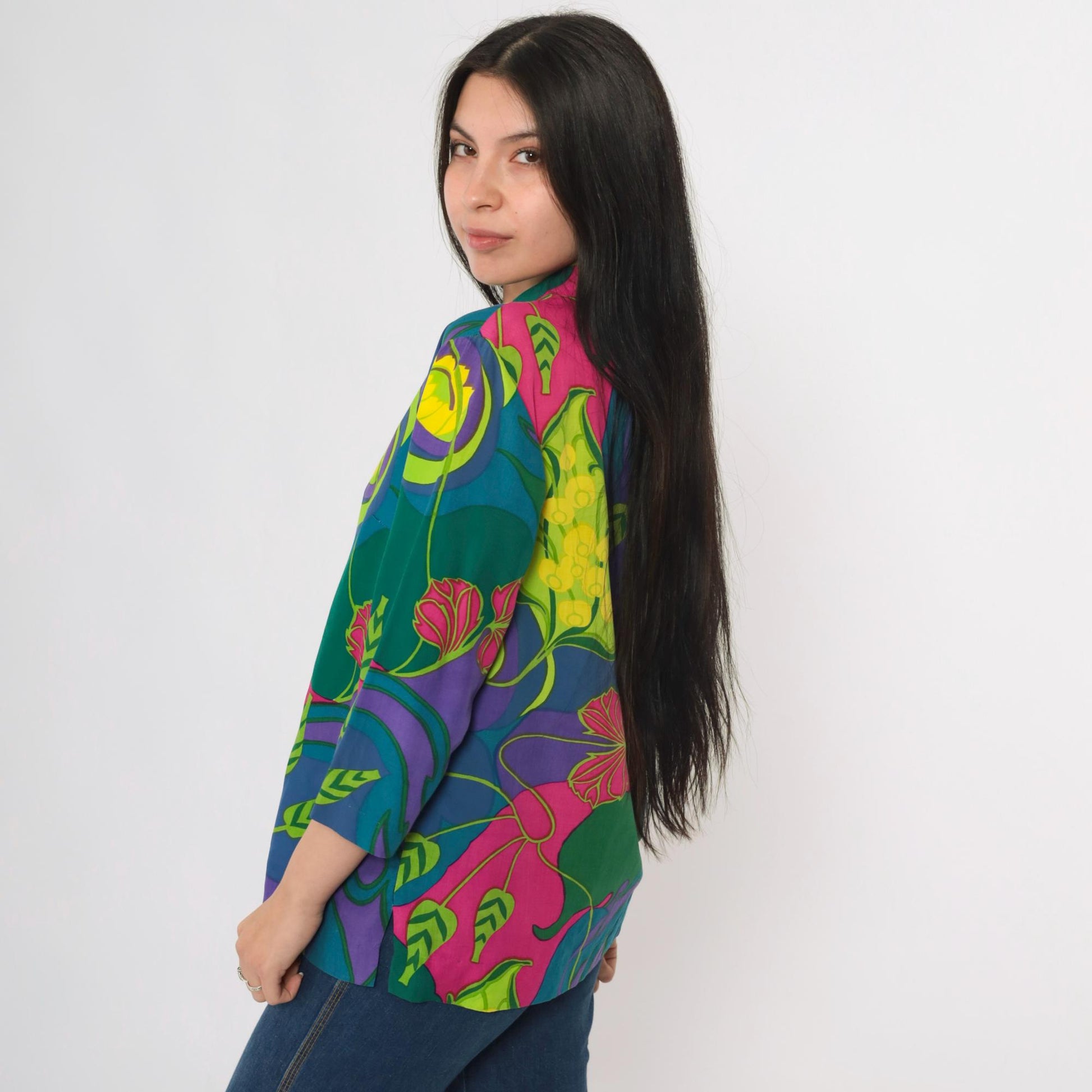 70s Tropical Floral Button-Up Shirt Purple Green Multicolor 3/4 Sleeve Medium M