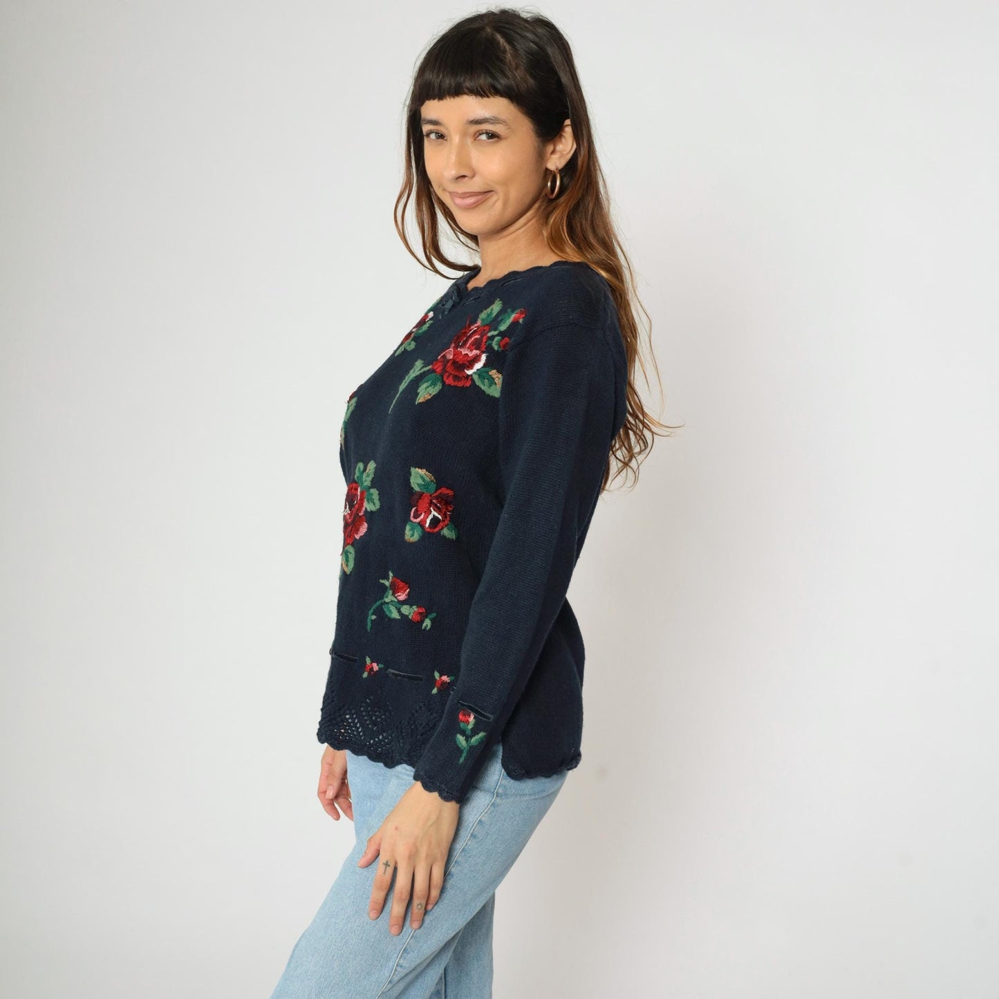 90s Navy Embroidered Floral Pullover Sweater Openwork Knit Medium Petite