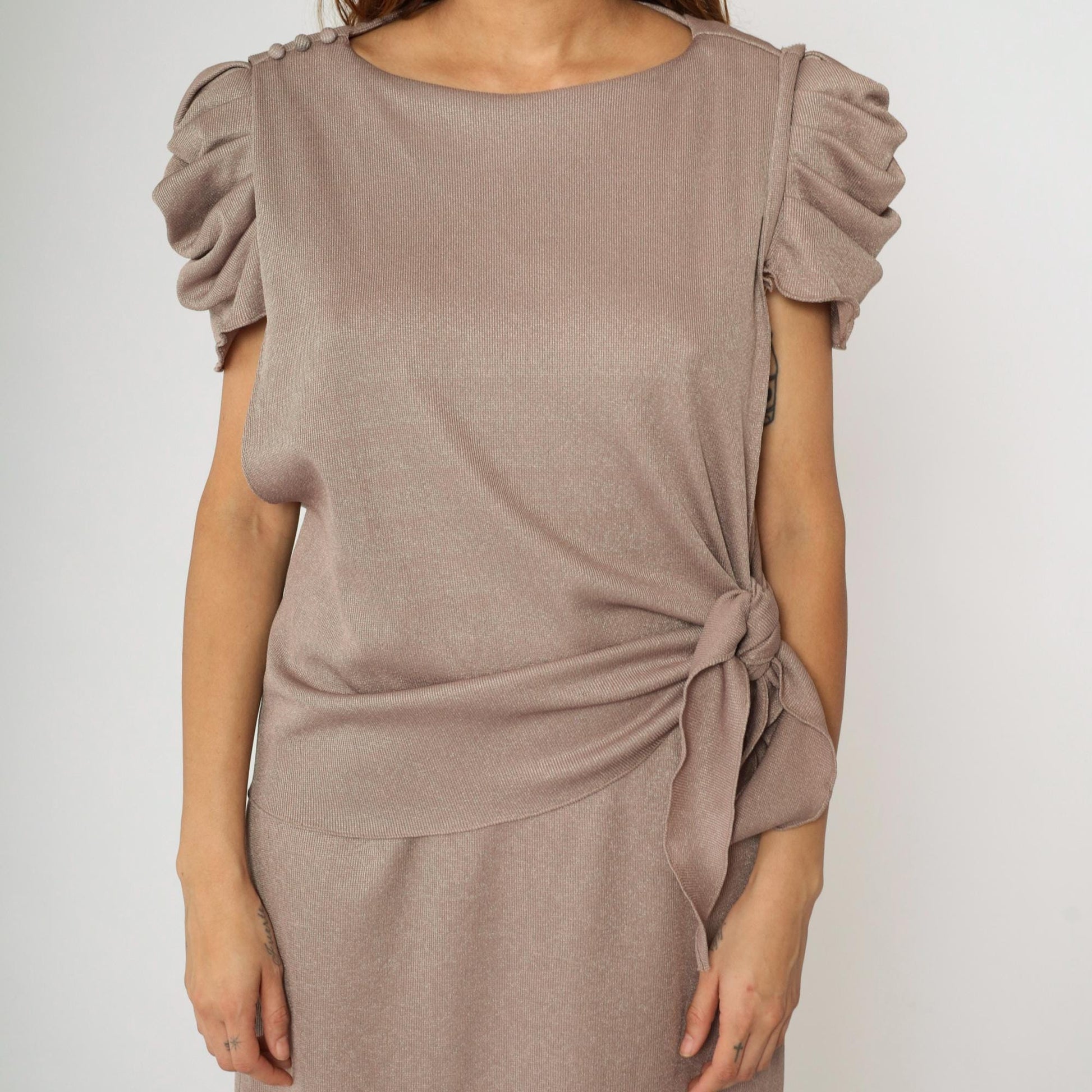 80s Taupe Puff Sleeve Midi Dress Metallic Knit Side Tie Waist Medium