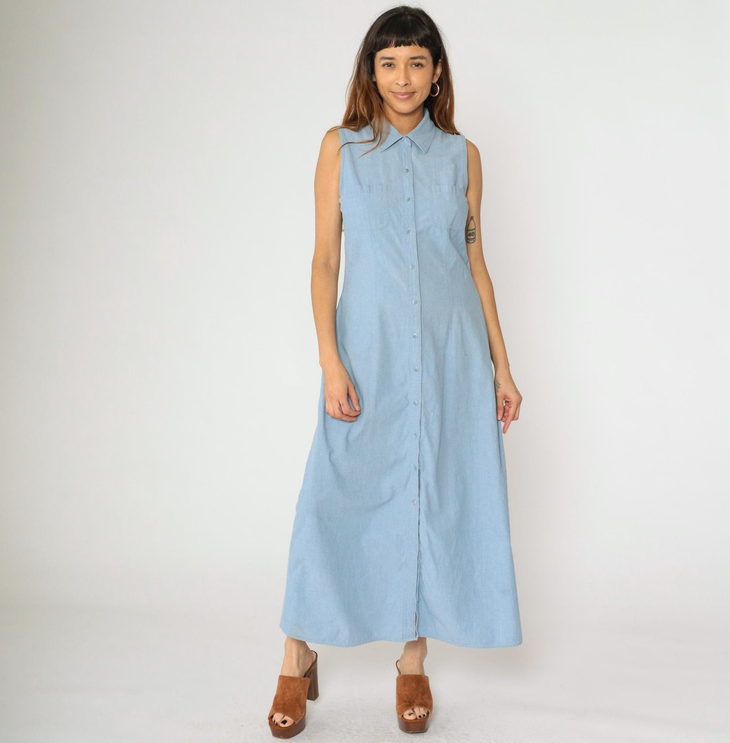 90s Blue Chambray Button-Up Midi Dress Sleeveless Collared A-Line Small S
