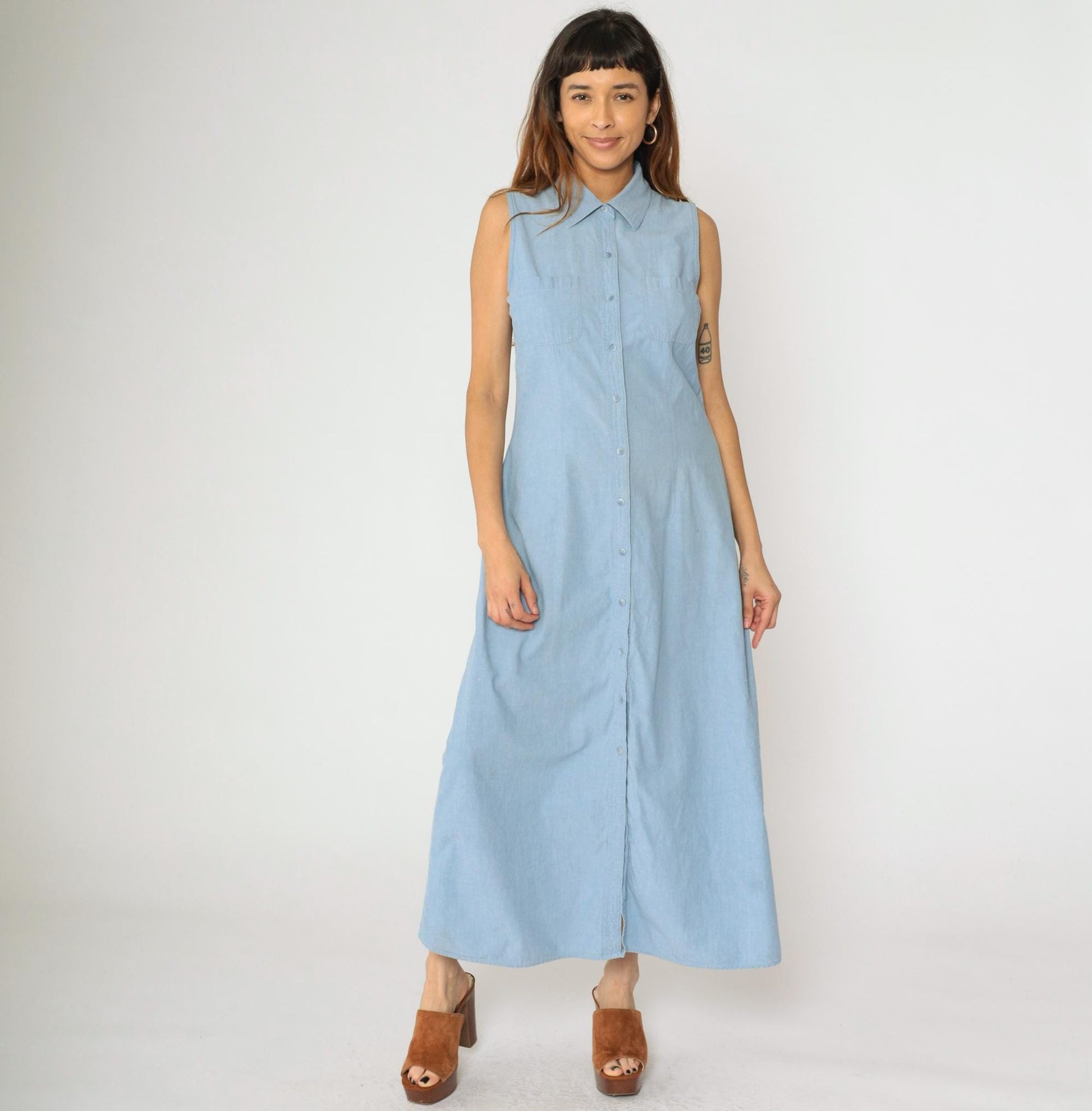 90s Blue Chambray Button-Up Midi Dress Sleeveless Collared A-Line Small S