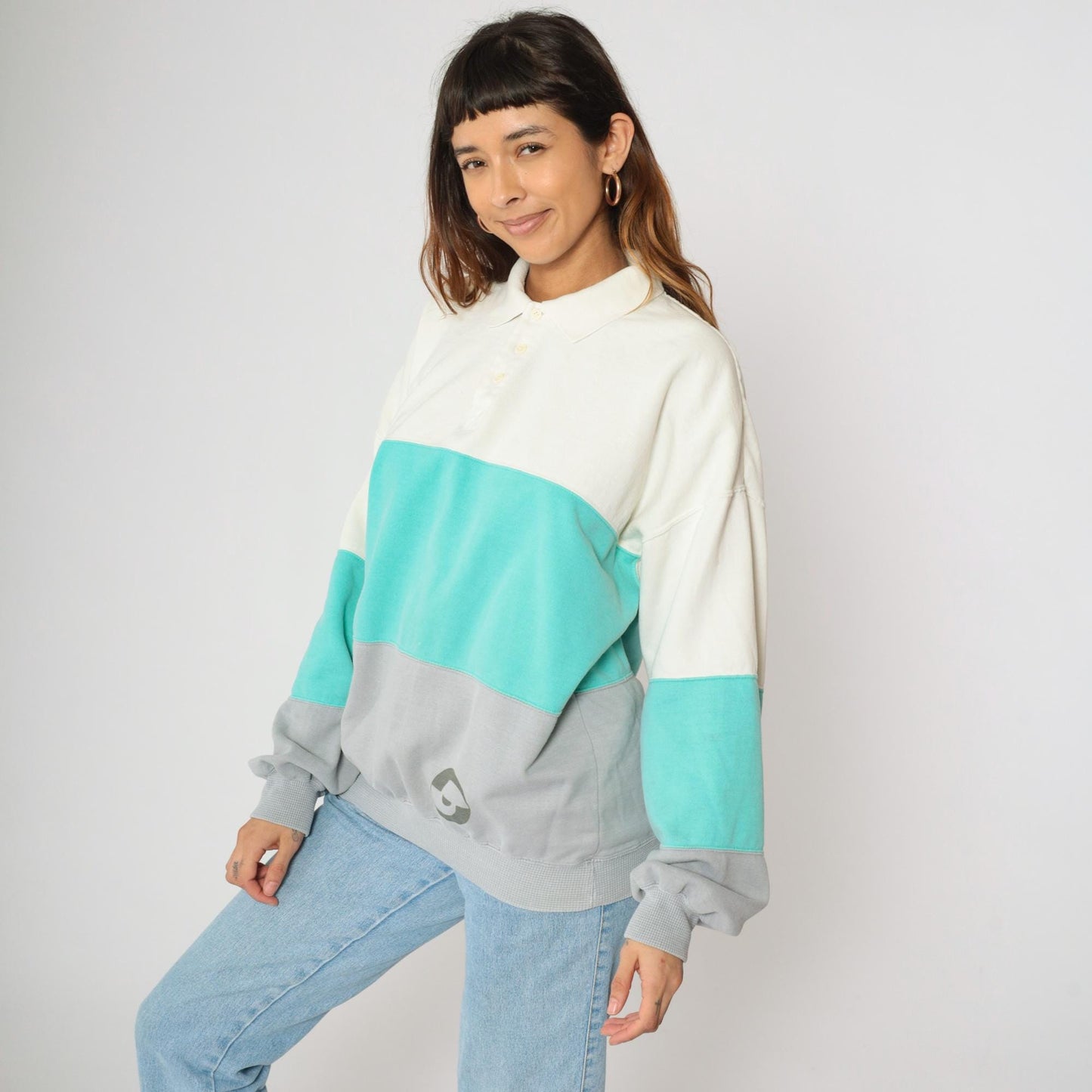 90s John Ashford Sport Colorblock Polo Sweatshirt Off-White Aqua Grey Large L
