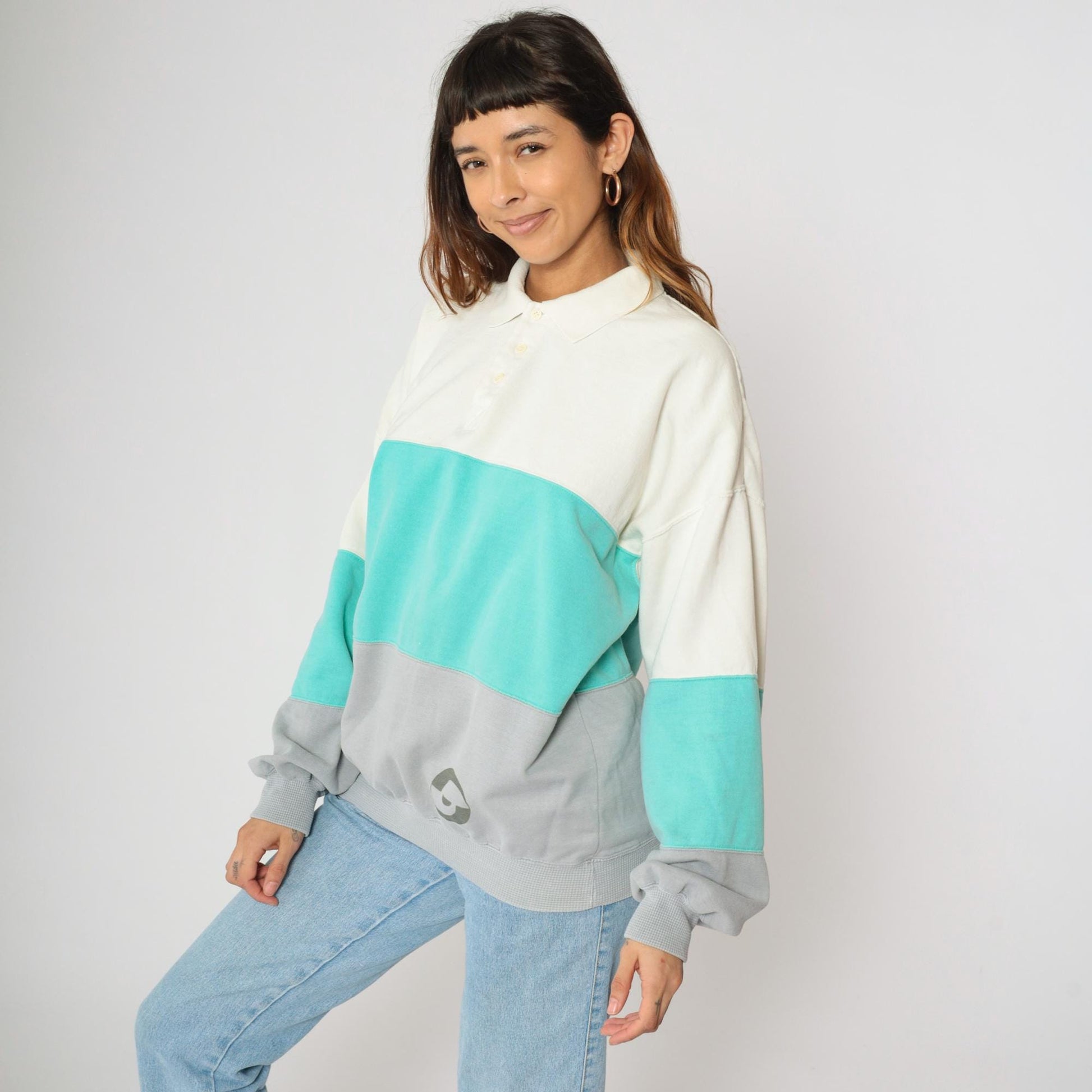 90s John Ashford Sport Colorblock Polo Sweatshirt Off-White Aqua Grey Large L