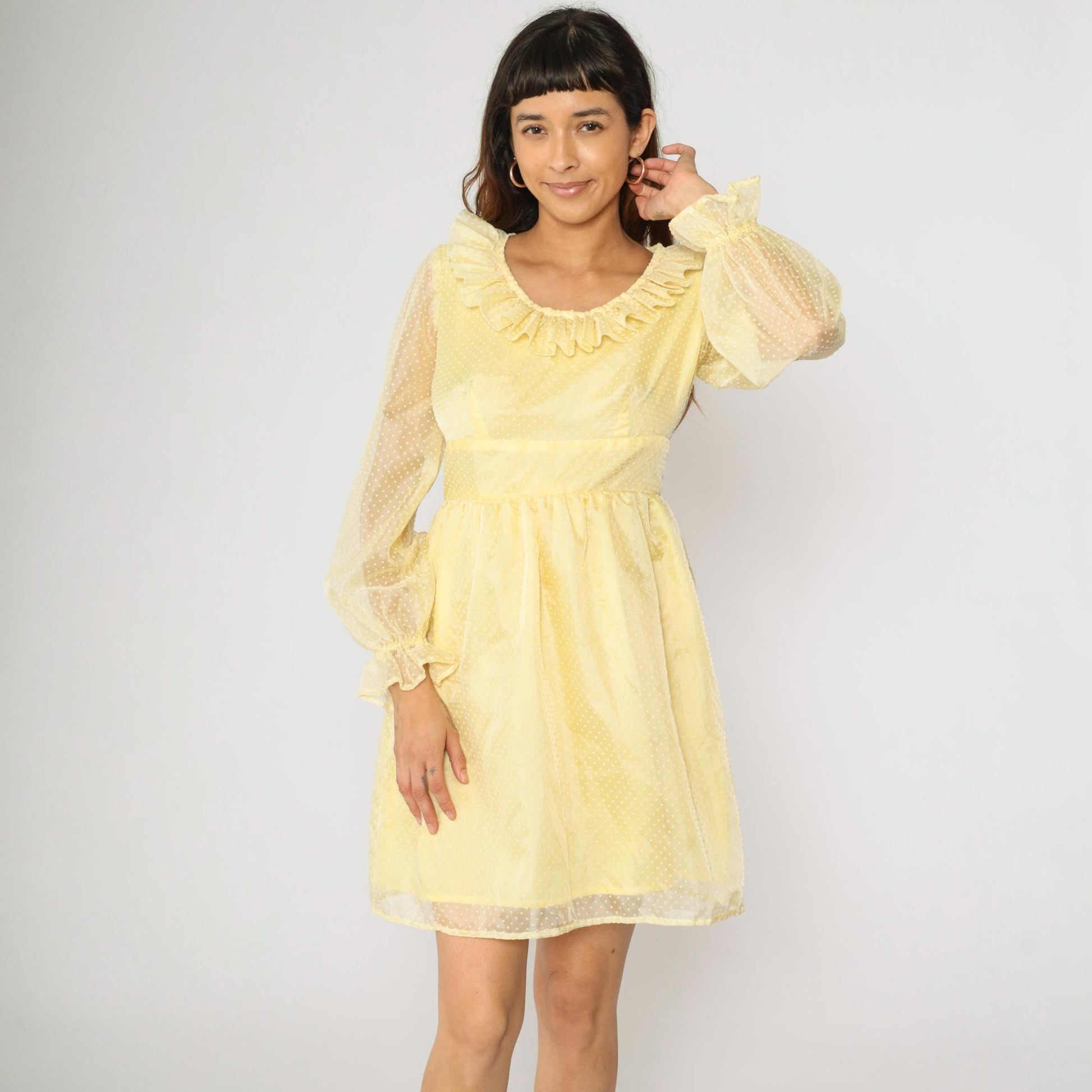 70s Yellow Swiss Dot Organza Mini Dress Empire Waist Ruffle Neckline Small