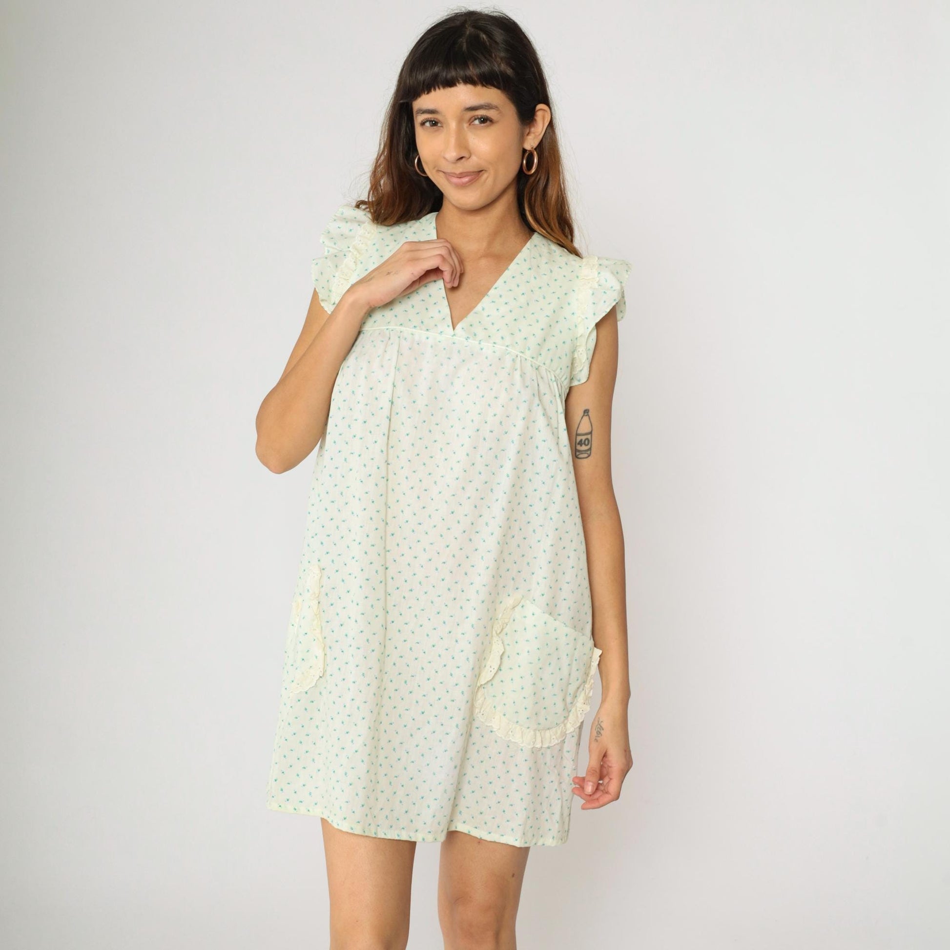 70s Hawaiian Babydoll Dress Yellow Blue Floral Mini V Neck Ruffle Sleeve Small
