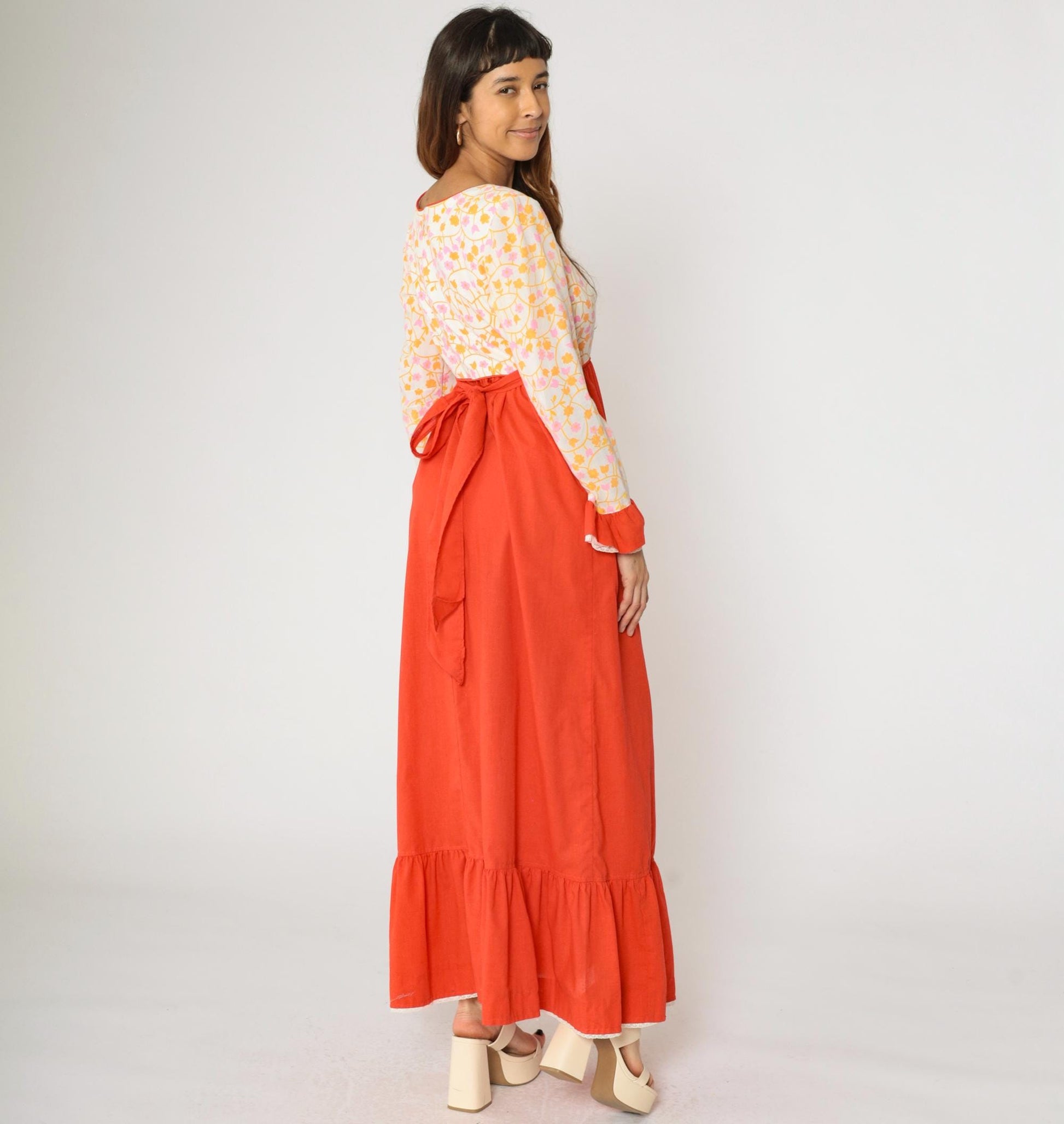 70s Floral Maxi Dress Puff Sleeve High Waist Orange White Prairie Medium