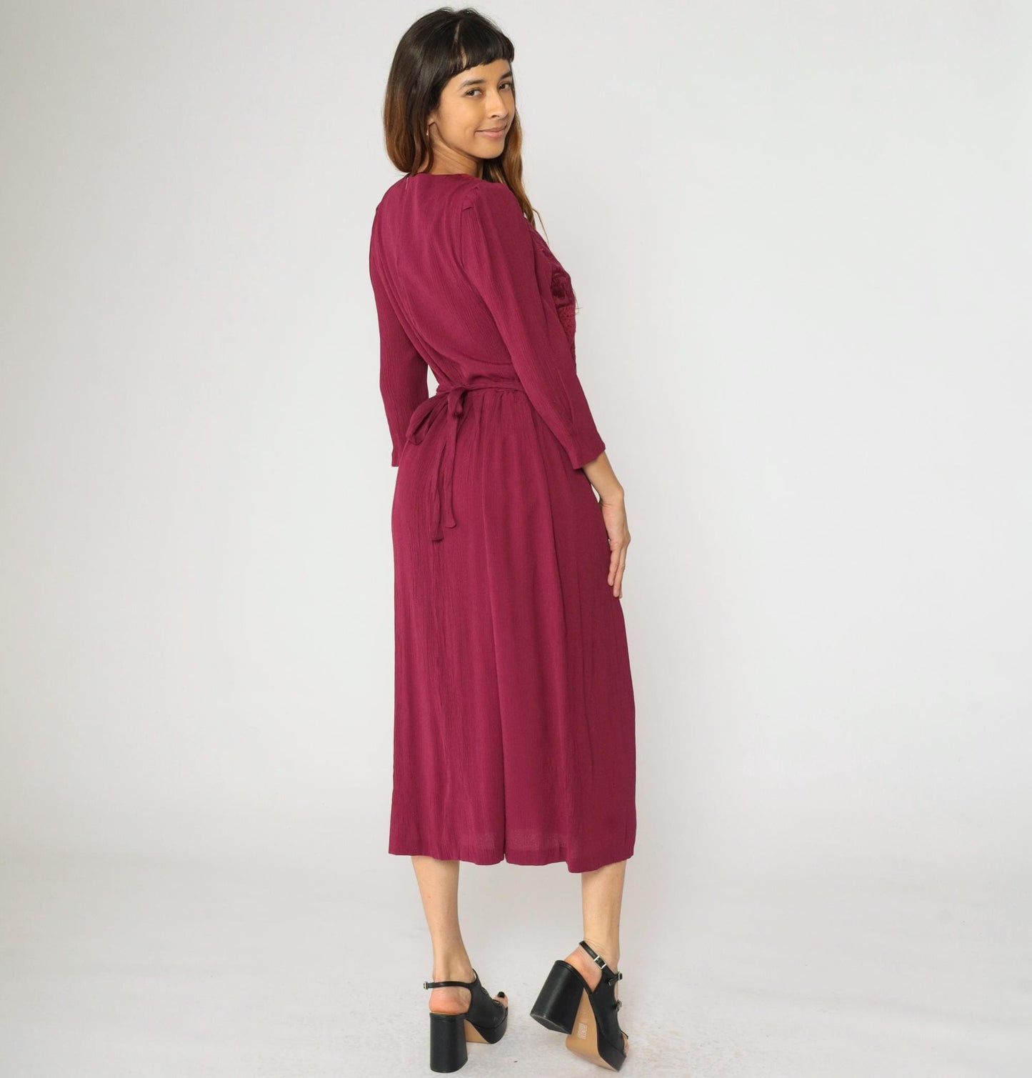 90s Miss Dorby Raspberry Floral Jacquard Midi Dress Puff Sleeve Button Up Medium