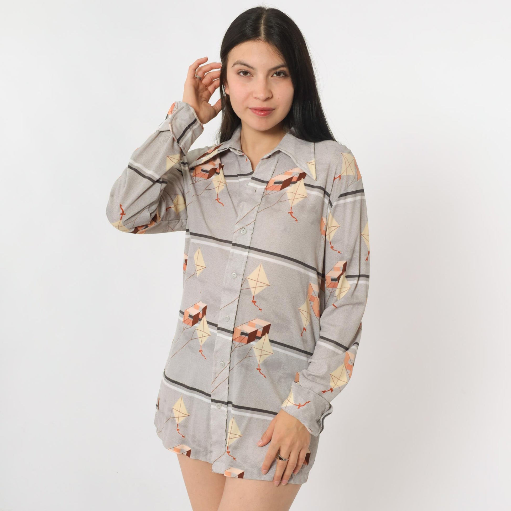 70s Huk-A-Poo Kite Print Button Up Shirt Grey Pointed Collar Medium