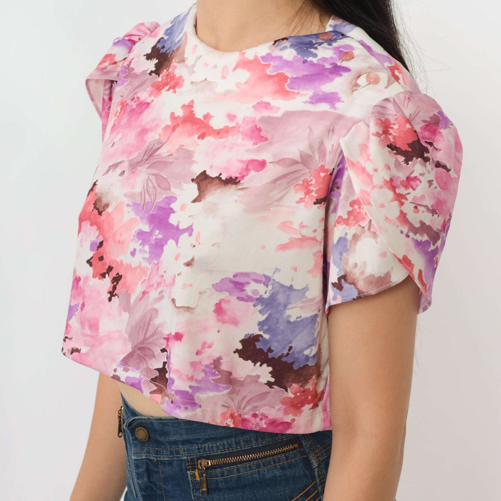 70s Floral Crop Top Puff Sleeve Blouse Pink Purple White Medium