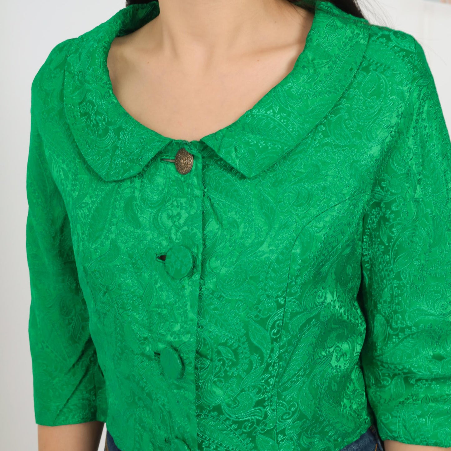 60s Green Brocade Paisley Cropped Jacket Half Sleeve Button Up Small