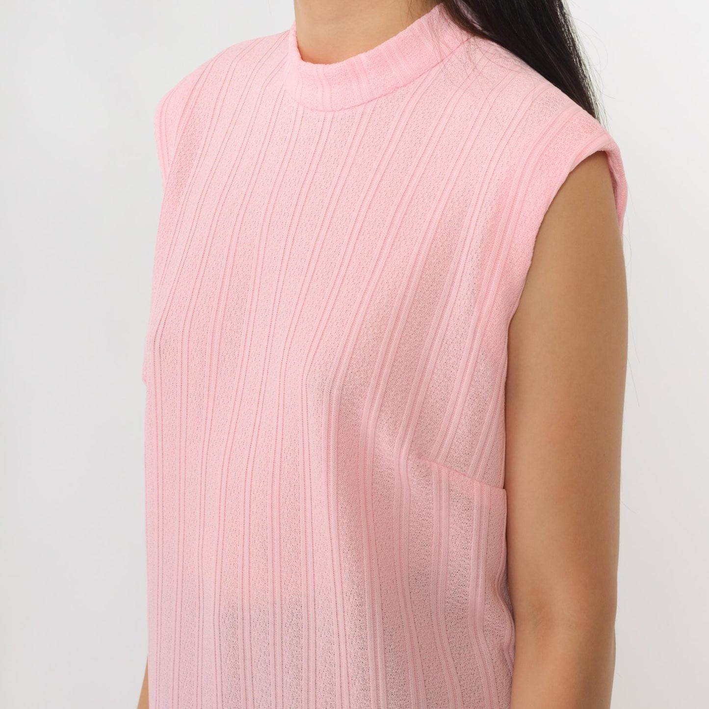 70s Pink Mock Neck Tank Top Ribbed Sleeveless Blouse Large