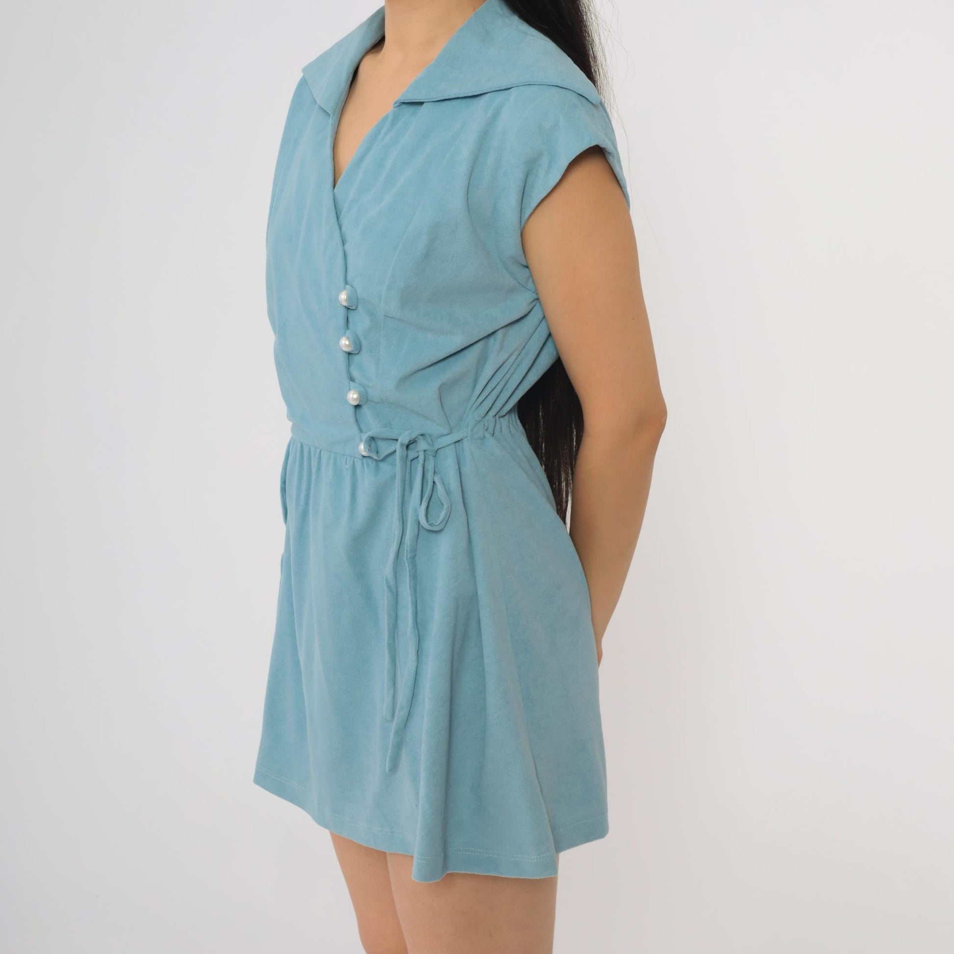 70s Blue Velour Mini Dress Asymmetrical Pearl Buttons Cap Sleeve Medium M