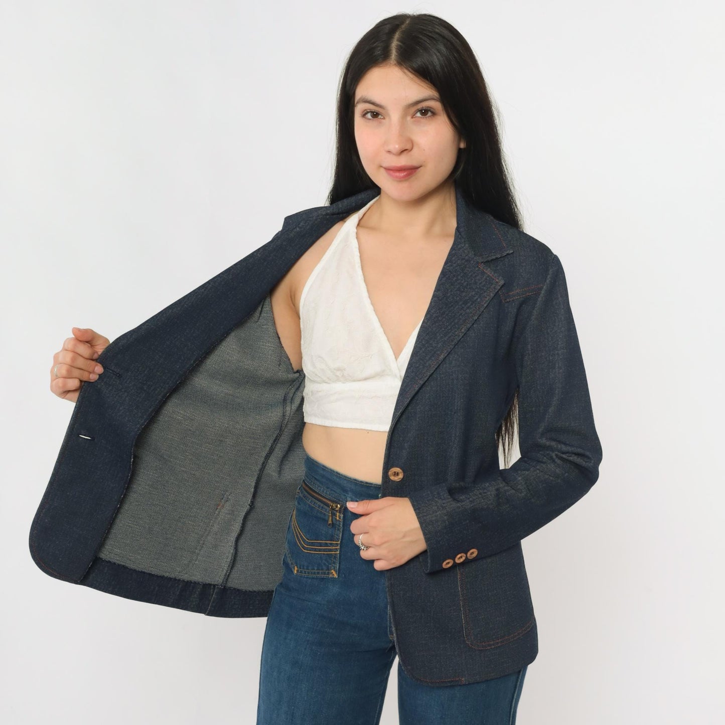 70s Dark Wash Denim Blazer Jacket Collared Button-Up Blue Medium
