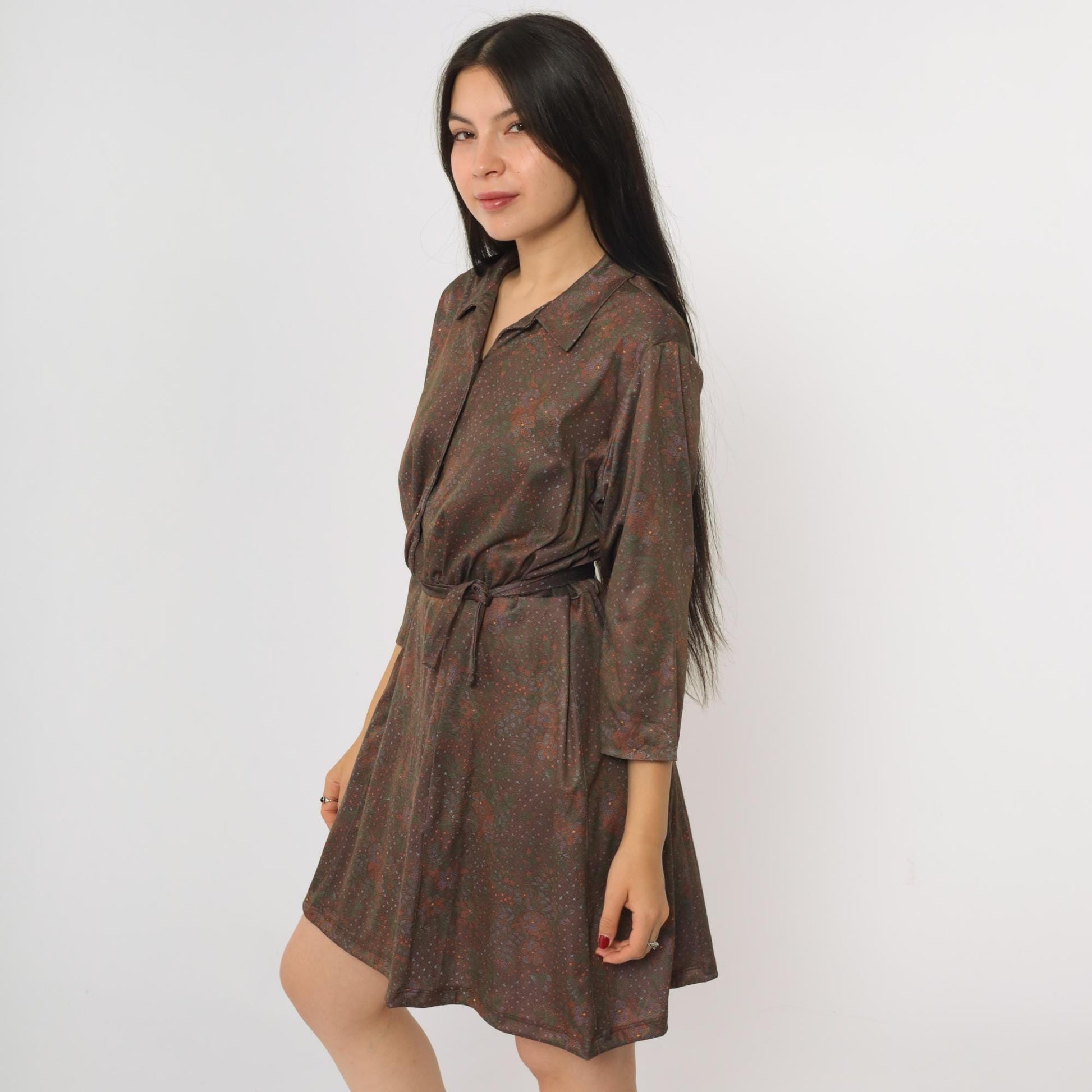 70s Brown Floral Mini Shirtdress Button-Up 3/4 Sleeve High Waist Extra Large