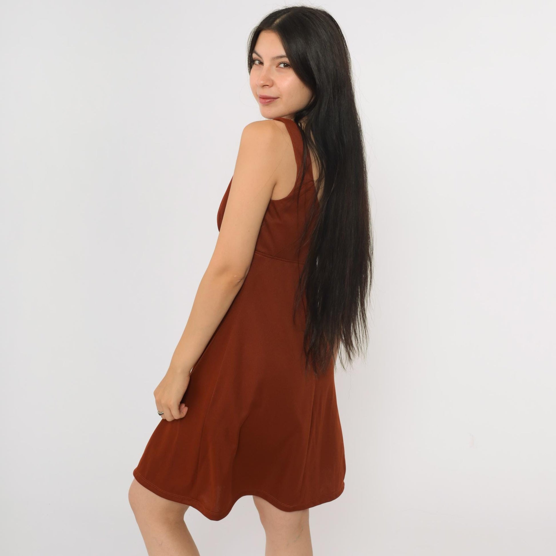 1970s Rust Brown Babydoll Mini Dress Empire Waist Scoop Neck Sleeveless Small
