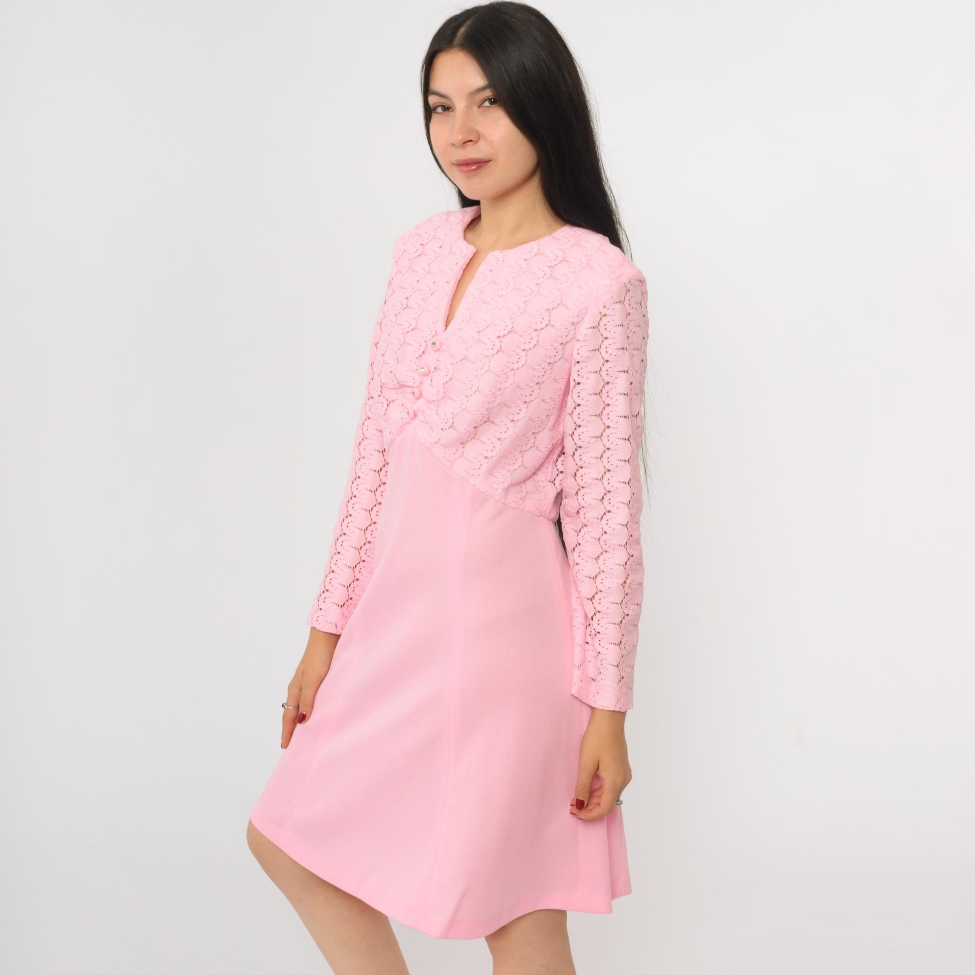 70s Baby Pink Lace Mini Dress Rhinestone Buttons High Waist Long Sleeve Medium M