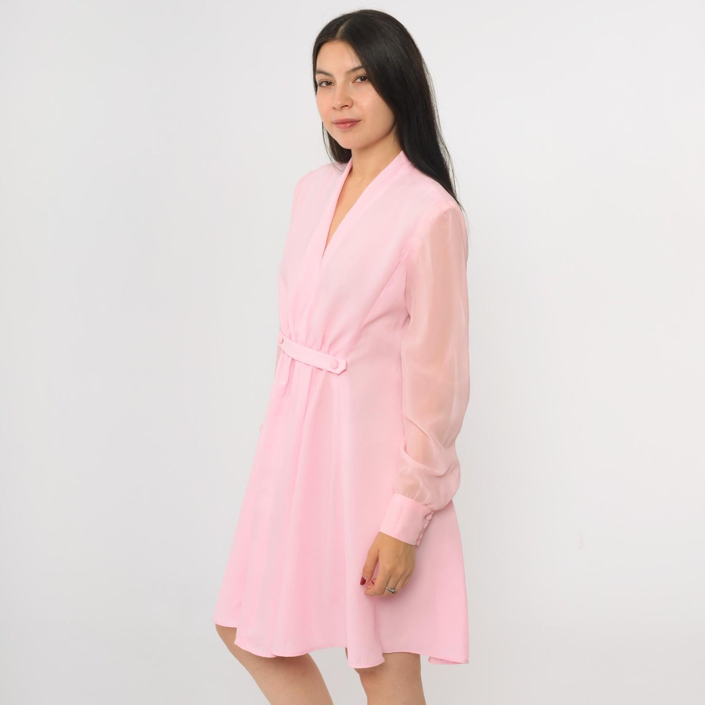 70s Pink Mini Dress V-Neck Sheer Chiffon Sleeve High Waist Gathered Medium