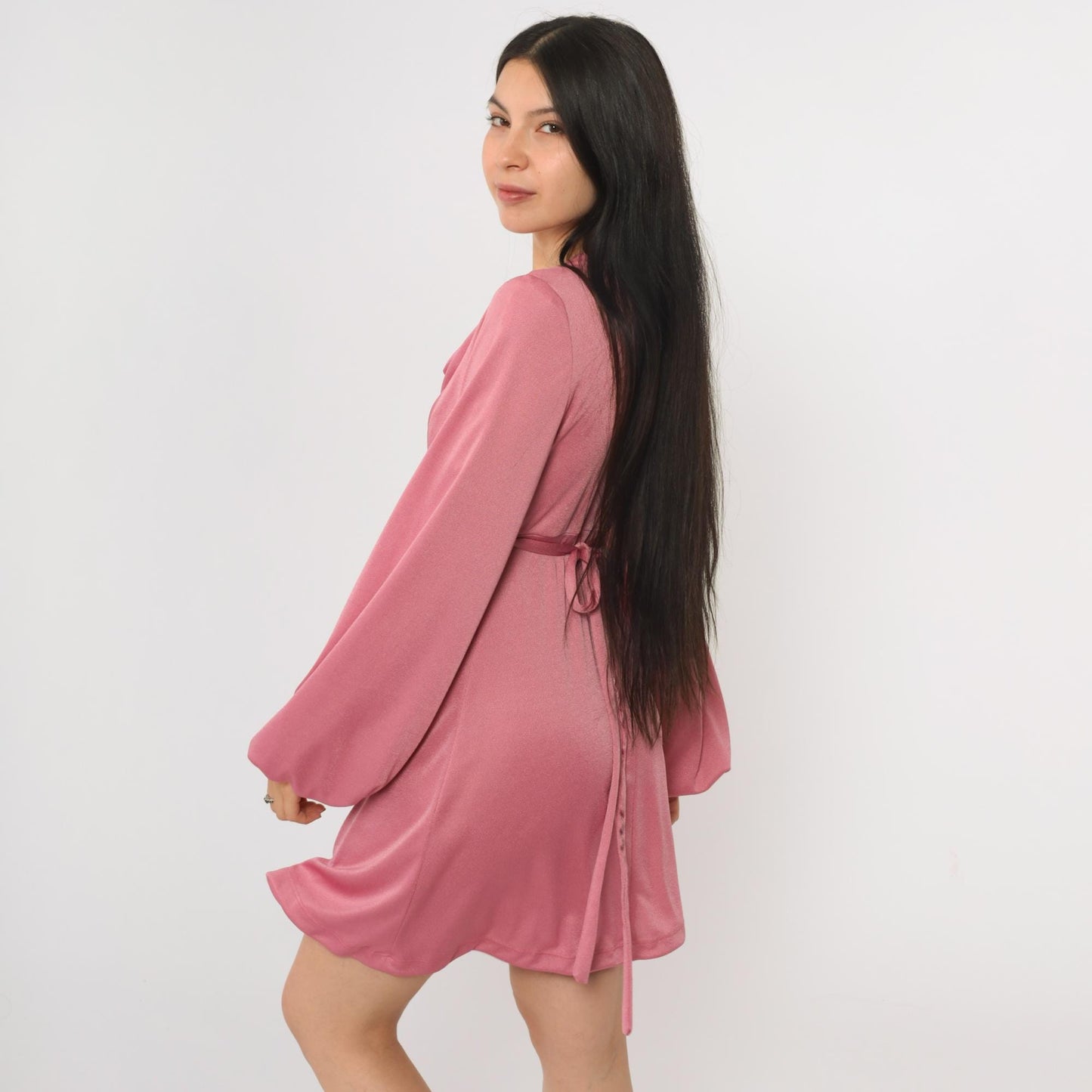 70s Pink Cowl Neck Mini Dress Balloon Sleeve Empire Waist Small