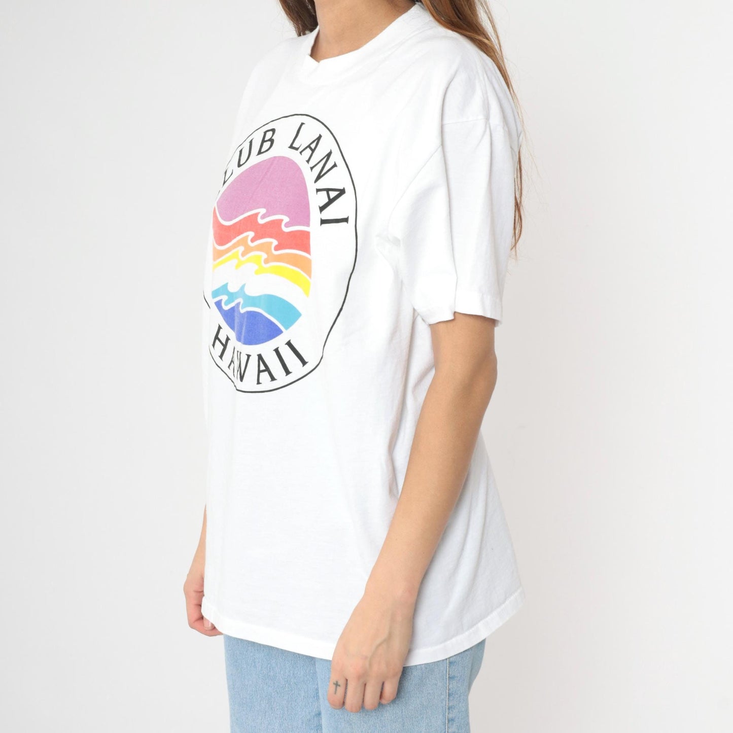 90s Club Lanai Hawaii Rainbow Wave Graphic T-Shirt White Large
