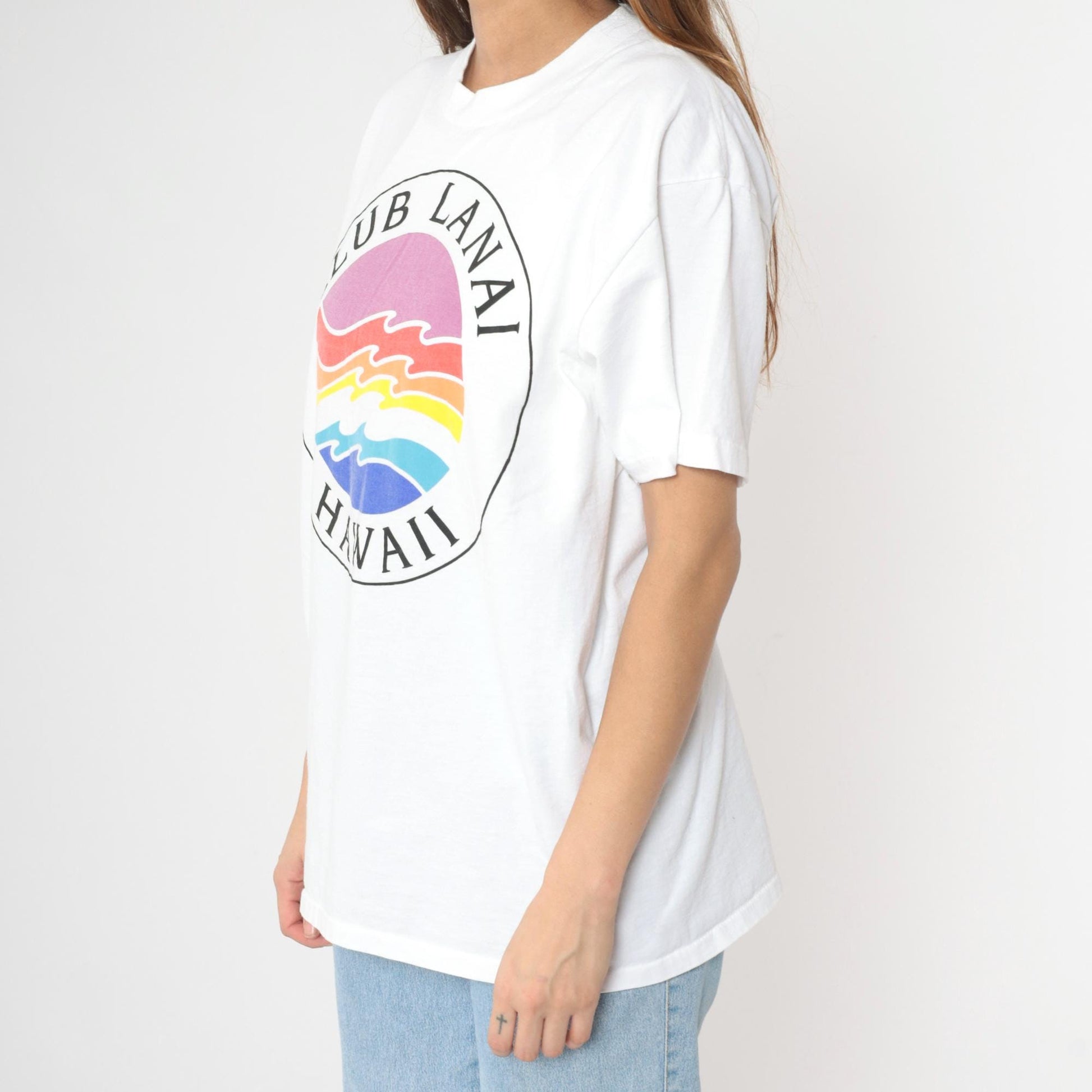 90s Club Lanai Hawaii Rainbow Wave Graphic T-Shirt White Large