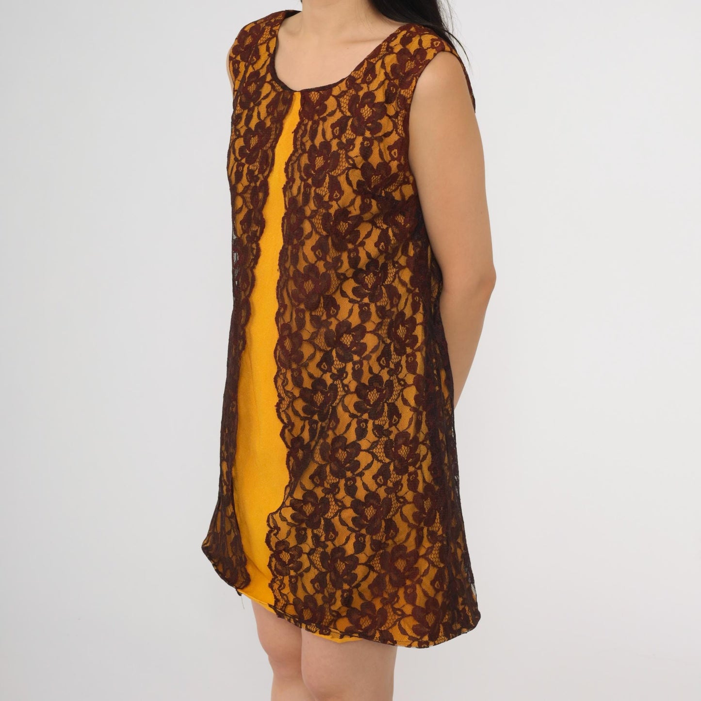 60s Orange Lace Cocktail Dress Shift Sleeveless Mini Small S