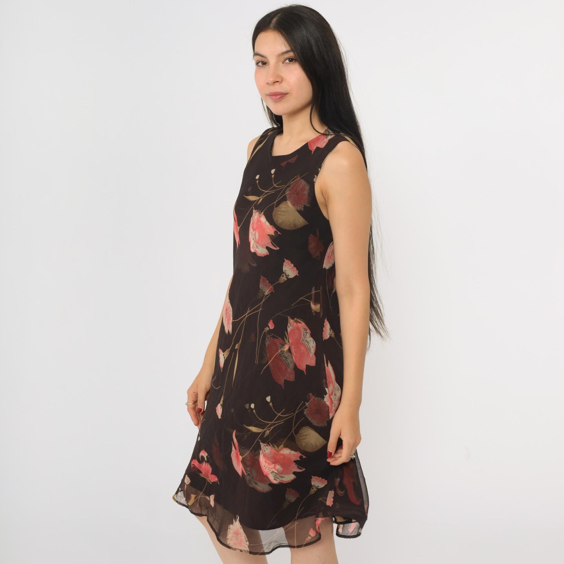 90s Jessica Howard Brown Floral Chiffon Midi Dress Sleeveless Medium M