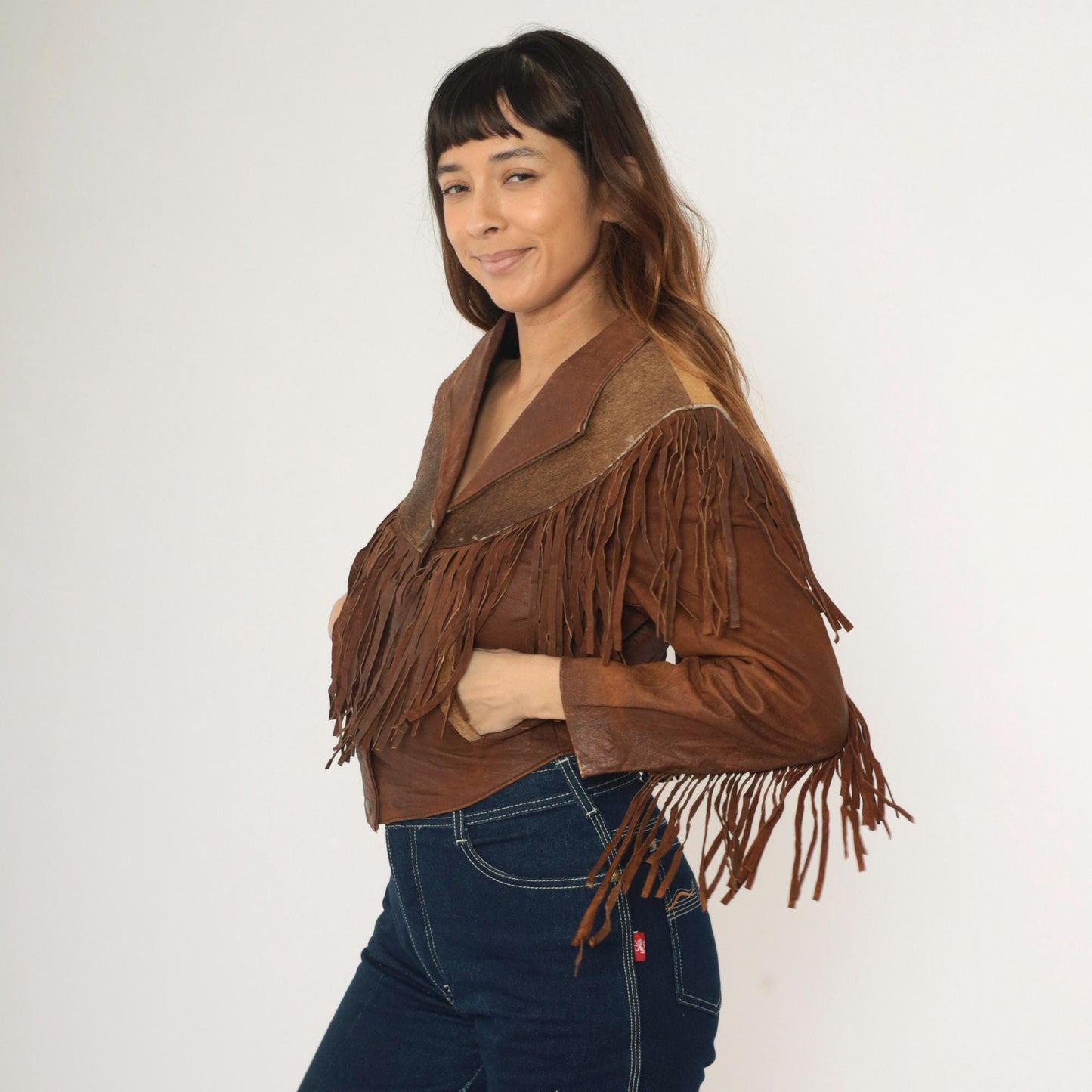 1970s Leather Fringe Jacket Brown Cowhide Eagle Yoke Western Snap Extra Small