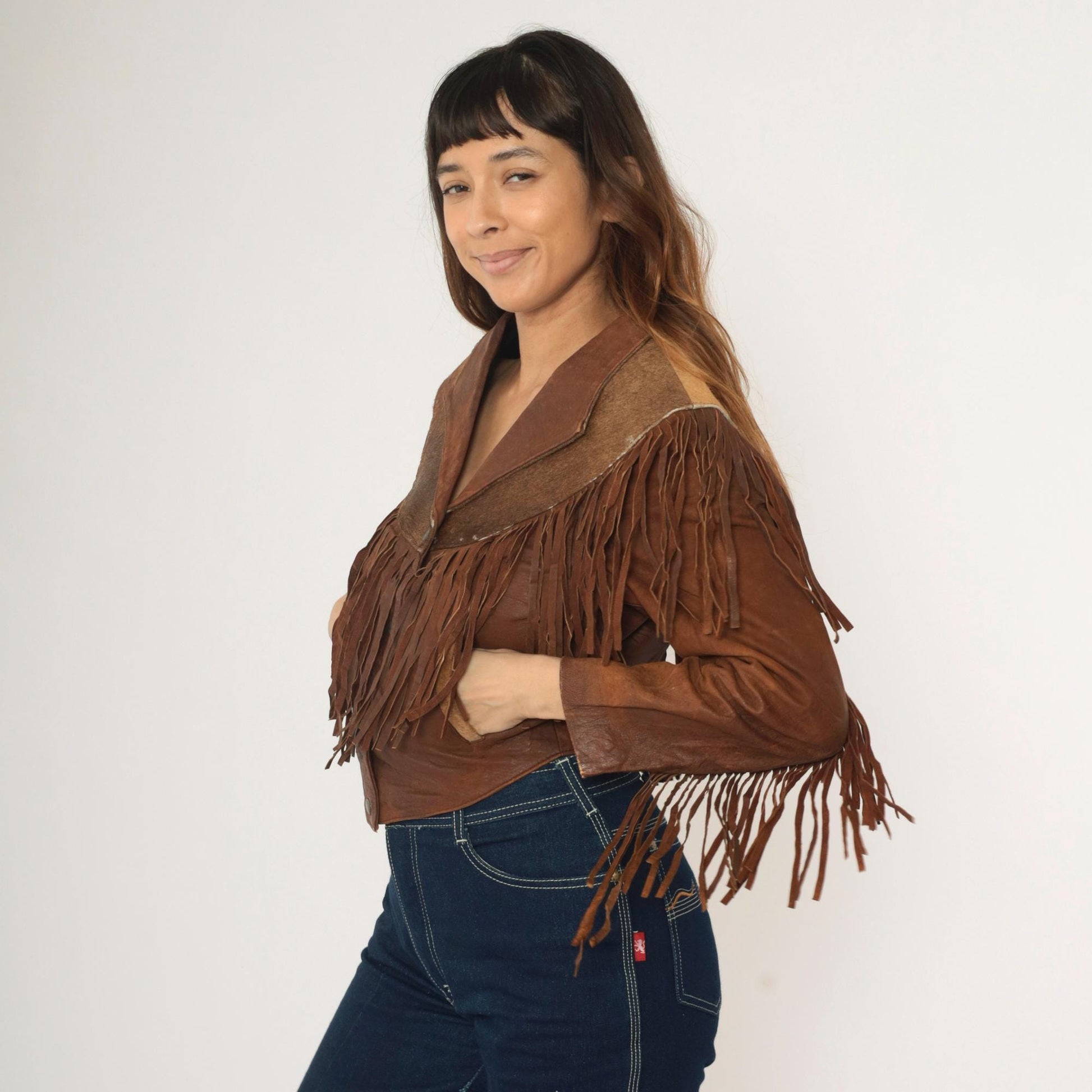 1970s Leather Fringe Jacket Brown Cowhide Eagle Yoke Western Snap Extra Small