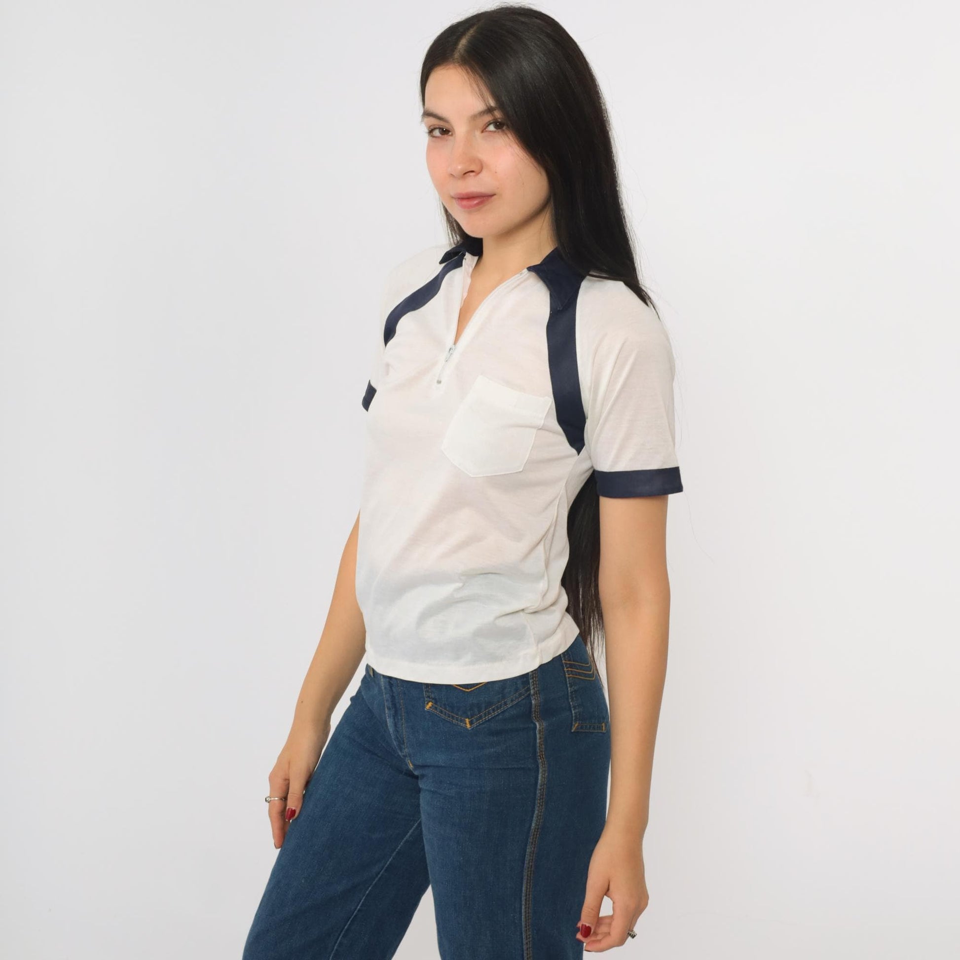 80s Bardor White Polo Shirt Navy Striped Quarter Zip Short Sleeve XXS