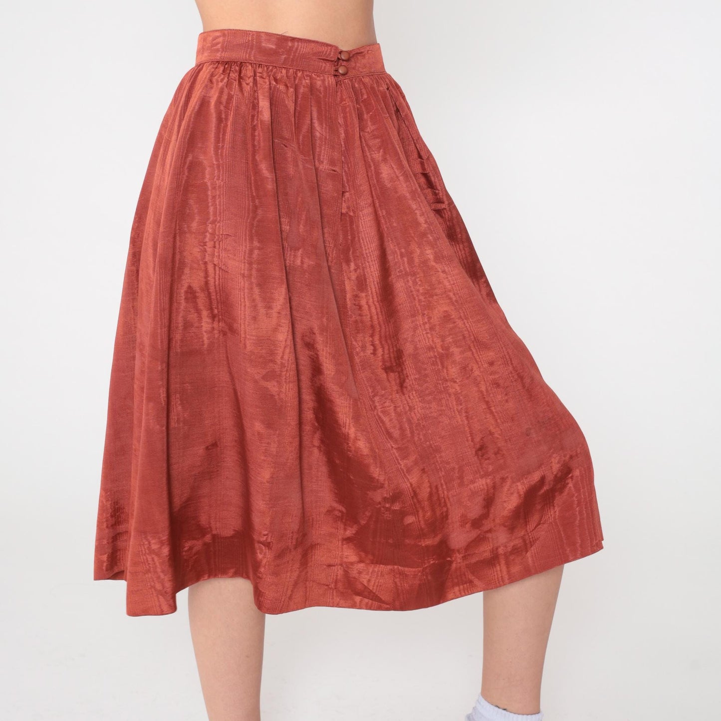 80s Rust Orange Midi Skirt High Waist Pleated Full A-Line Extra Small