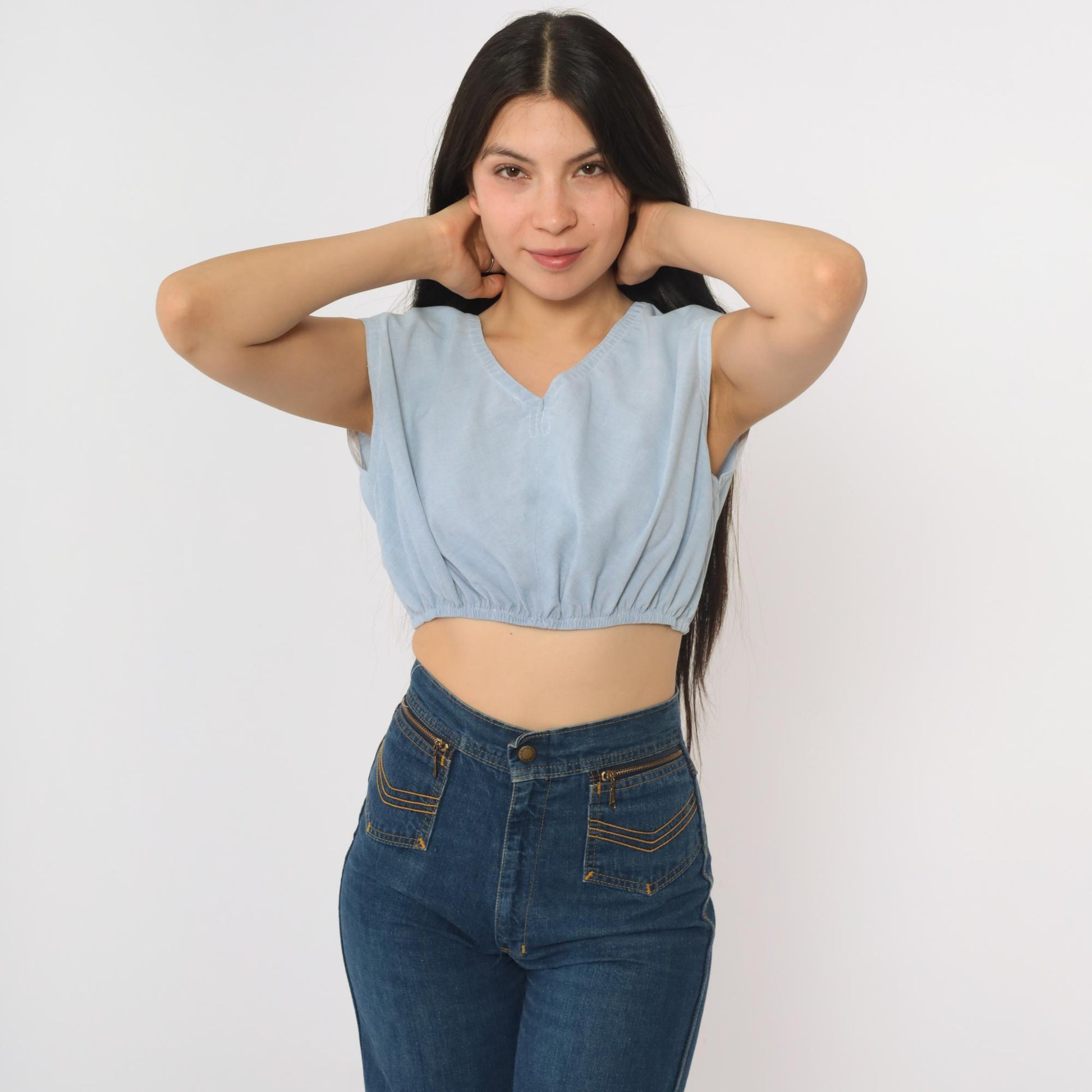 80s Light Blue Crop Top V-Neck Cap Sleeve Small