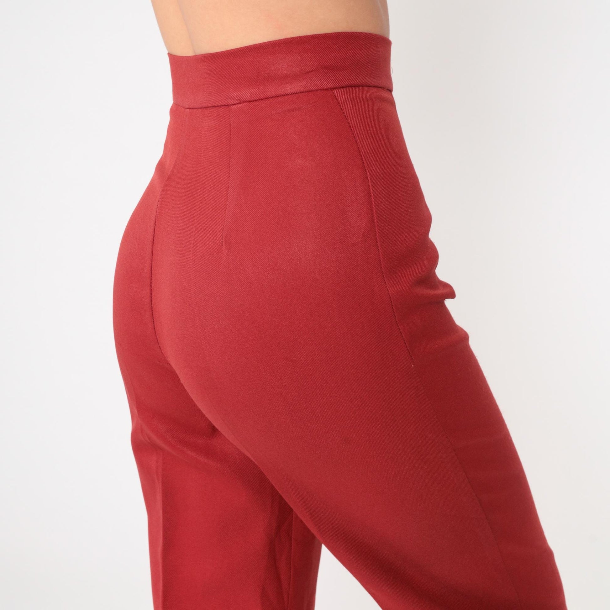 70s Red High-Waisted Flared Trousers Creased Leg Vintage Extra Small