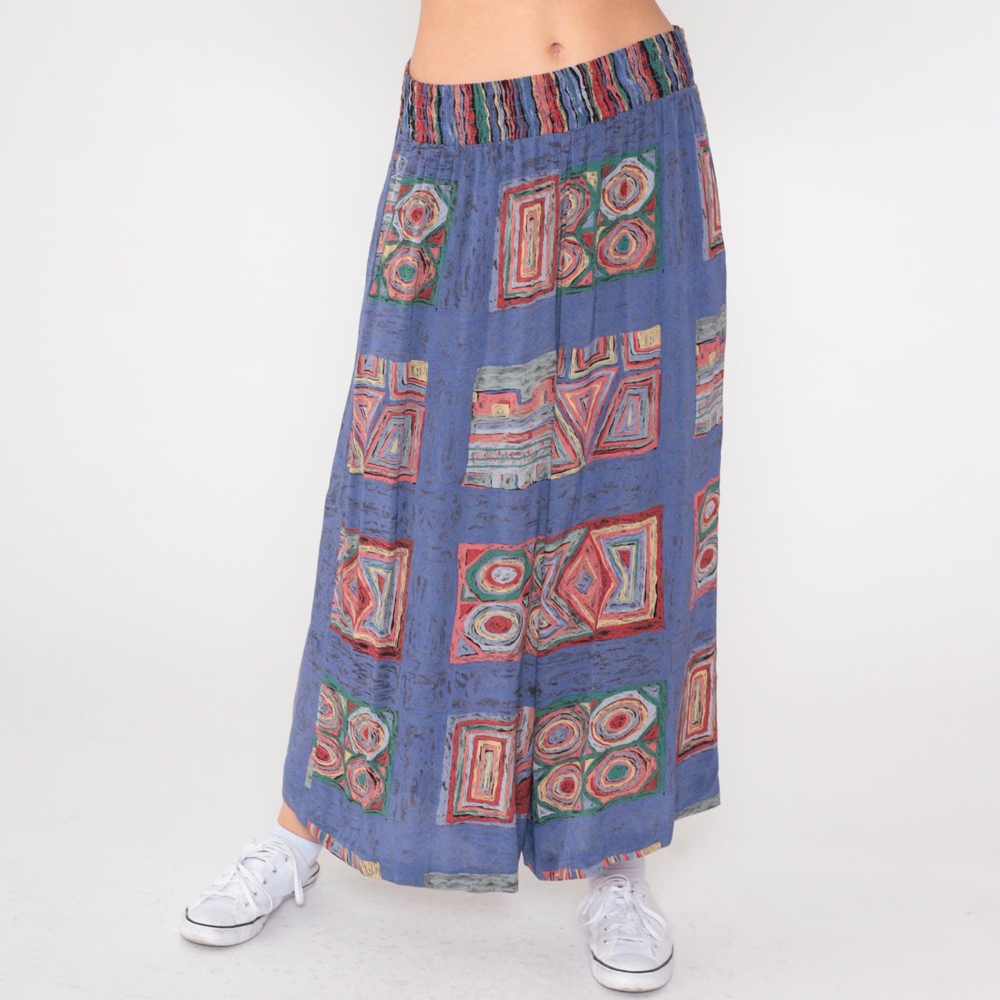 90s Christina James Wide Leg Pants Blue Geometric Patchwork High Waist Small