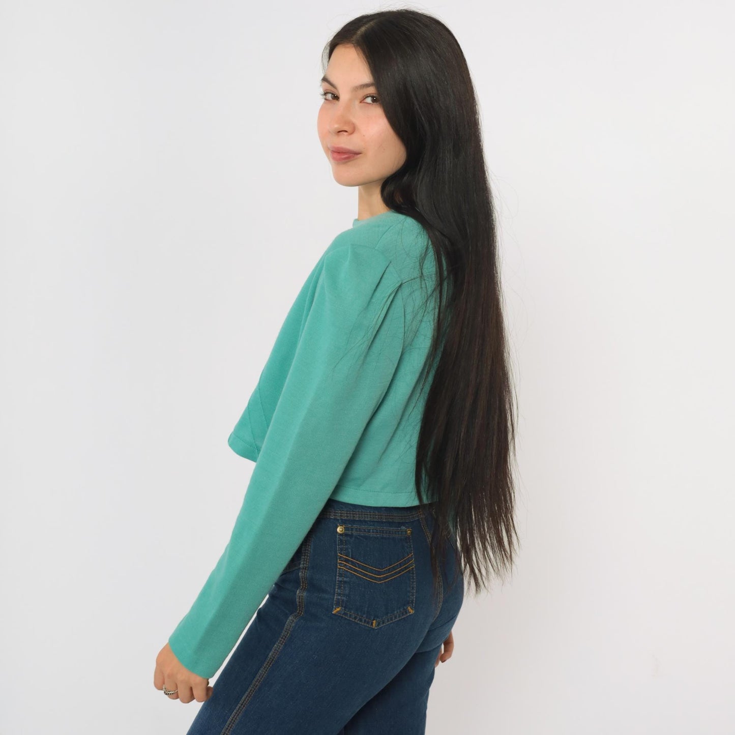 80s Green Puff Sleeve Crop Top Lattice Texture Wool Blend Medium