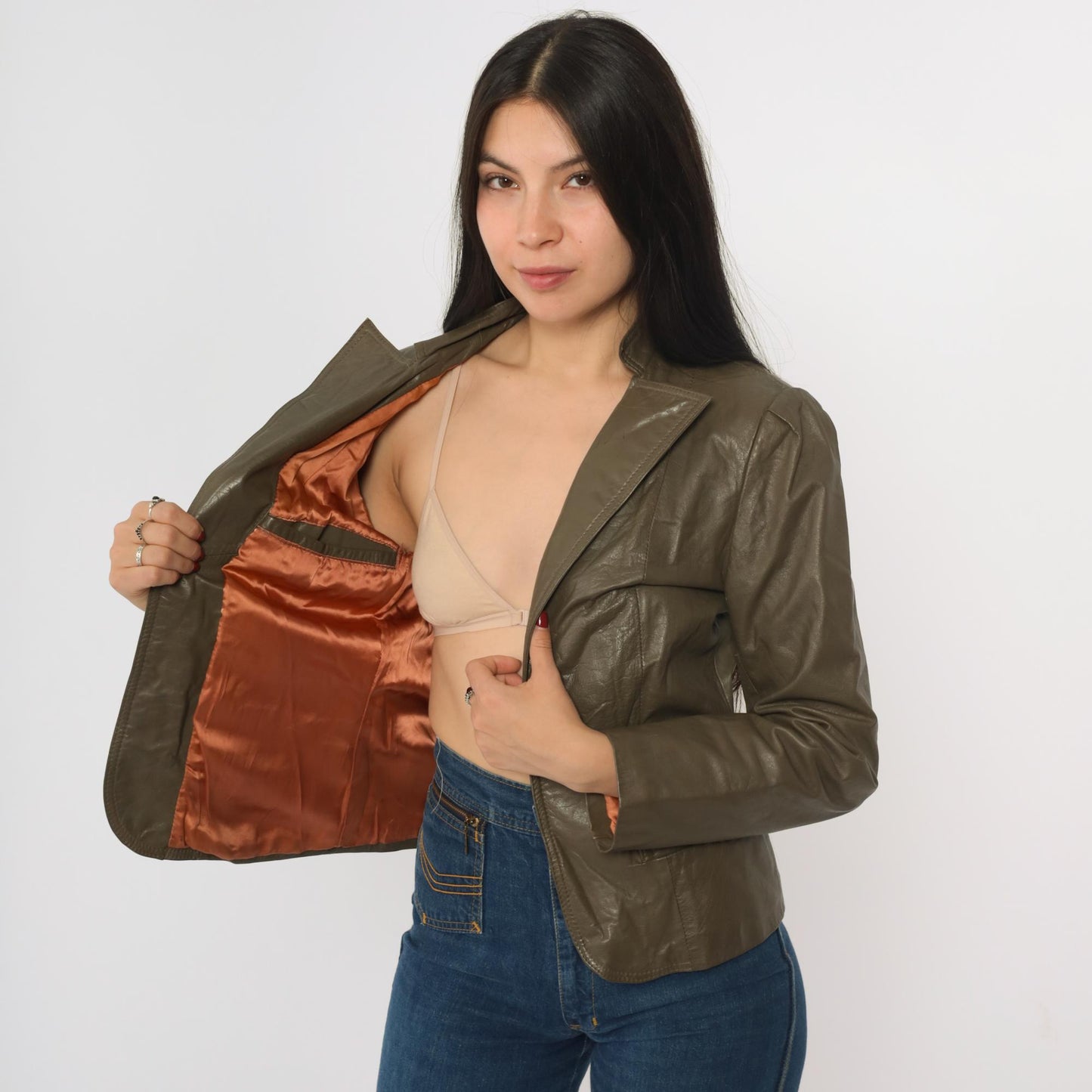 80s Carlisle Couture Brown Leather Blazer Puff Sleeve Open Front Small