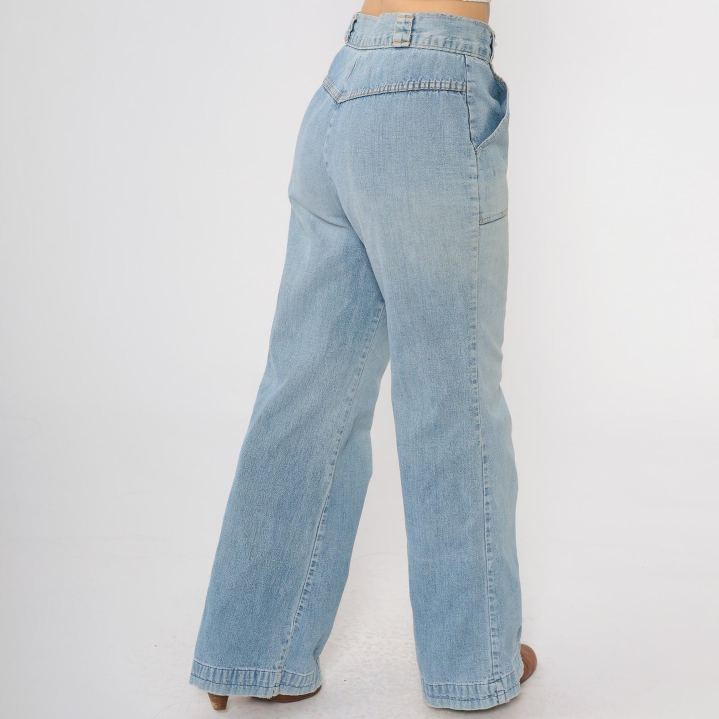 70s Wide Leg Jeans Faded Blue Denim High Waist Bell Bottom Small