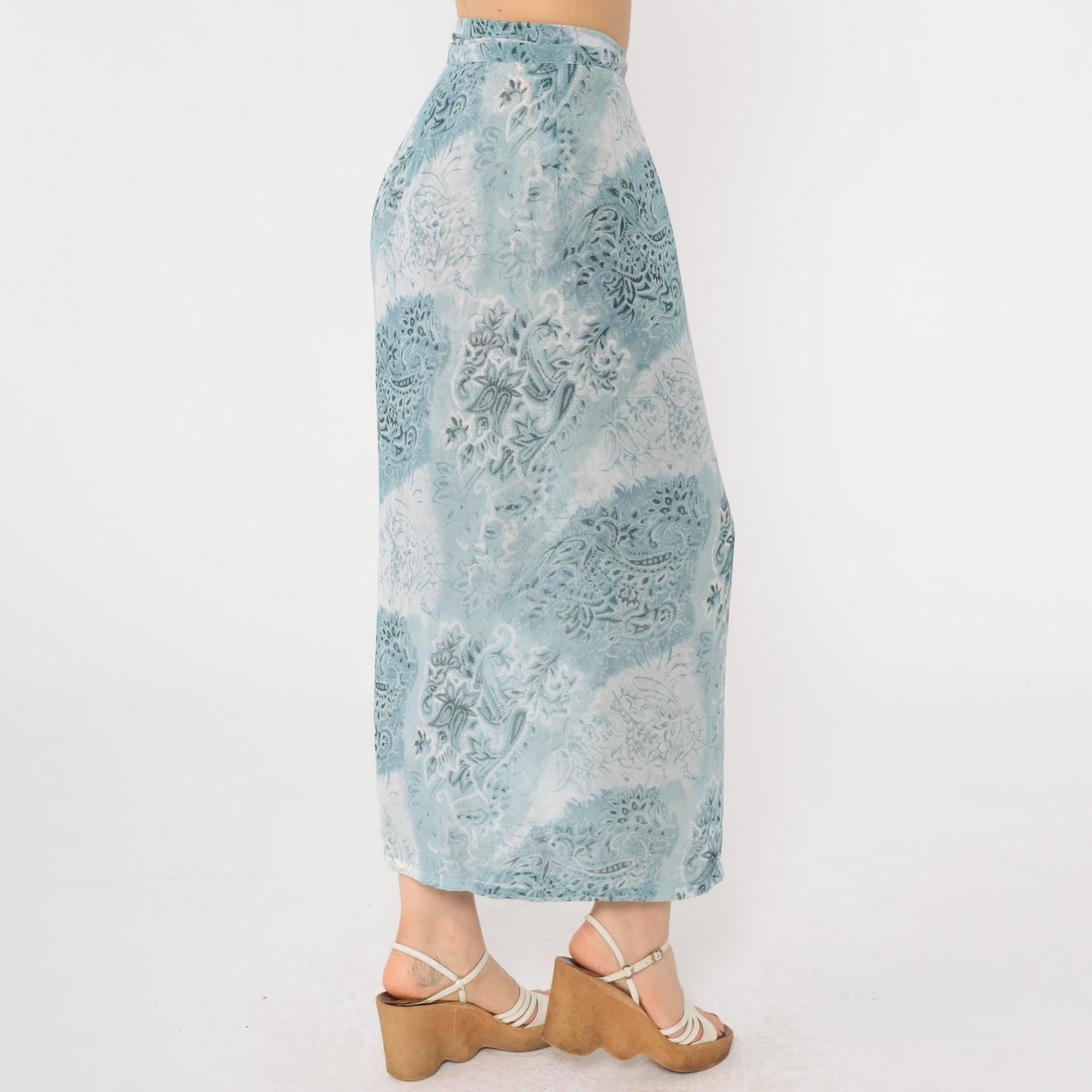 00s Blue Paisley Floral Wrap Maxi Skirt High Waist Tie Ankle Length Small