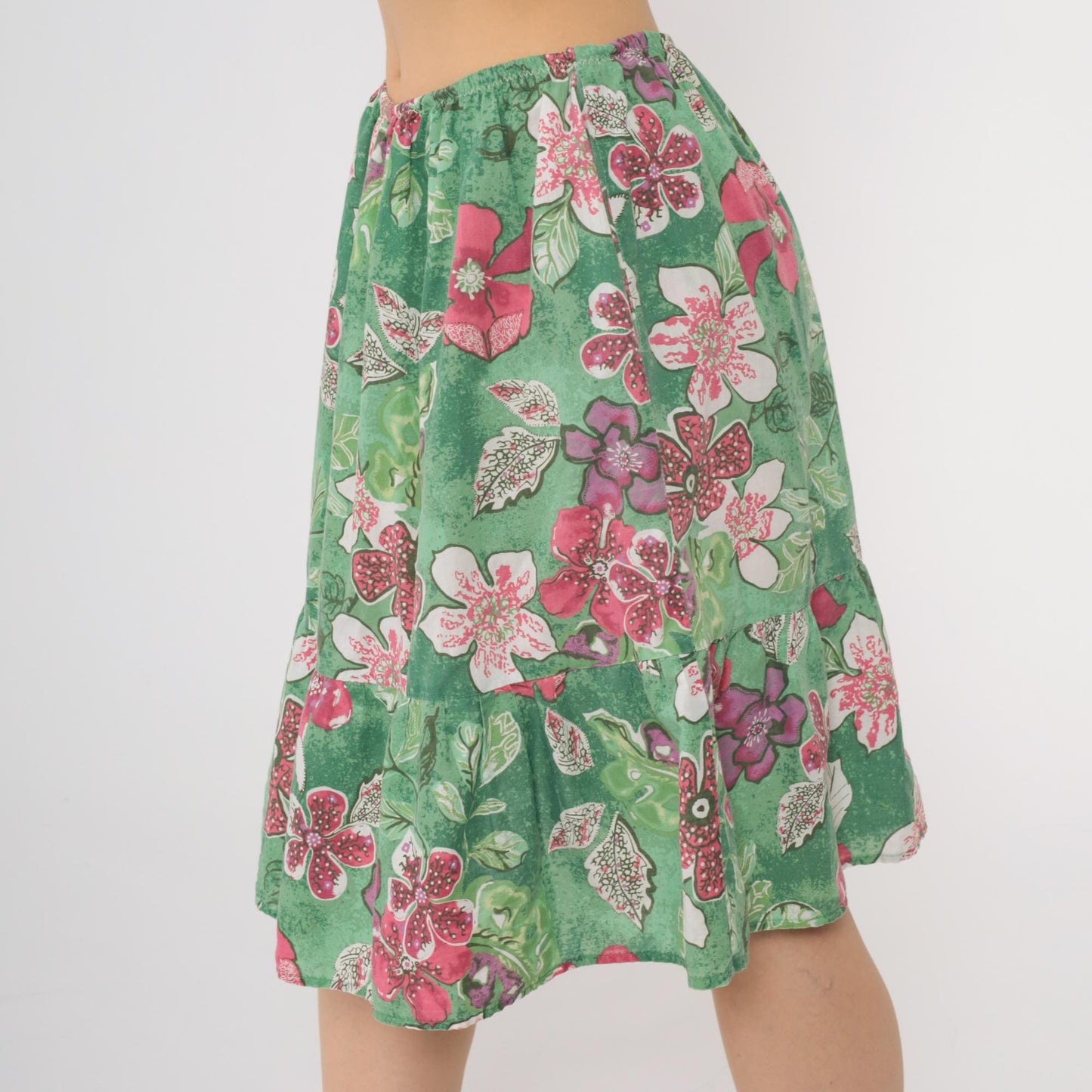 80s Green Floral Tiered Skirt High Waist Pink Print Knee Length Small Medium