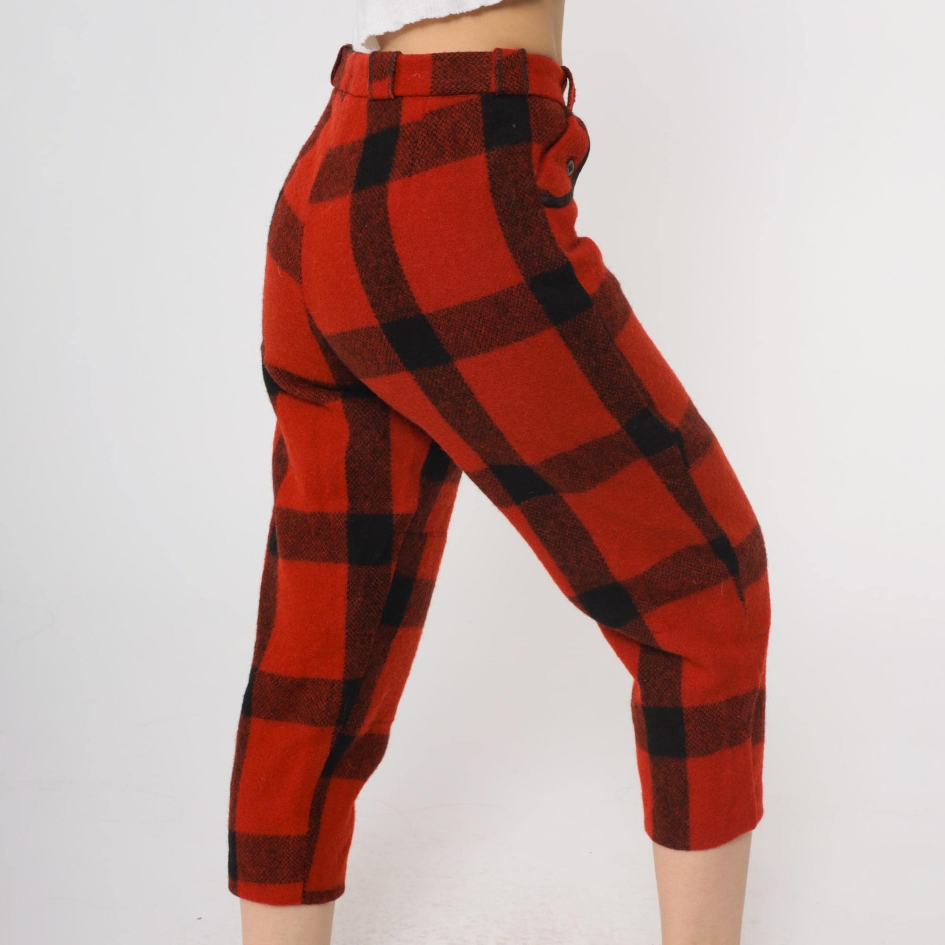 70s Buffalo Plaid Wool Capris Red Black High Waisted Cropped Pants Small