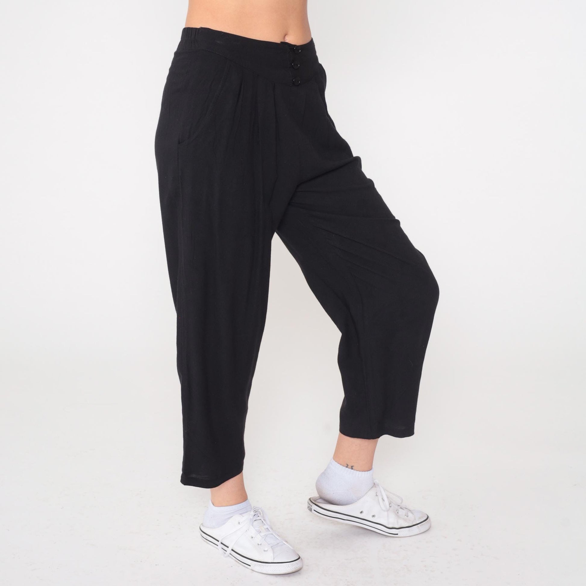 80s New Focus Black Pleated High-Waist Trousers Cropped Ankle XS
