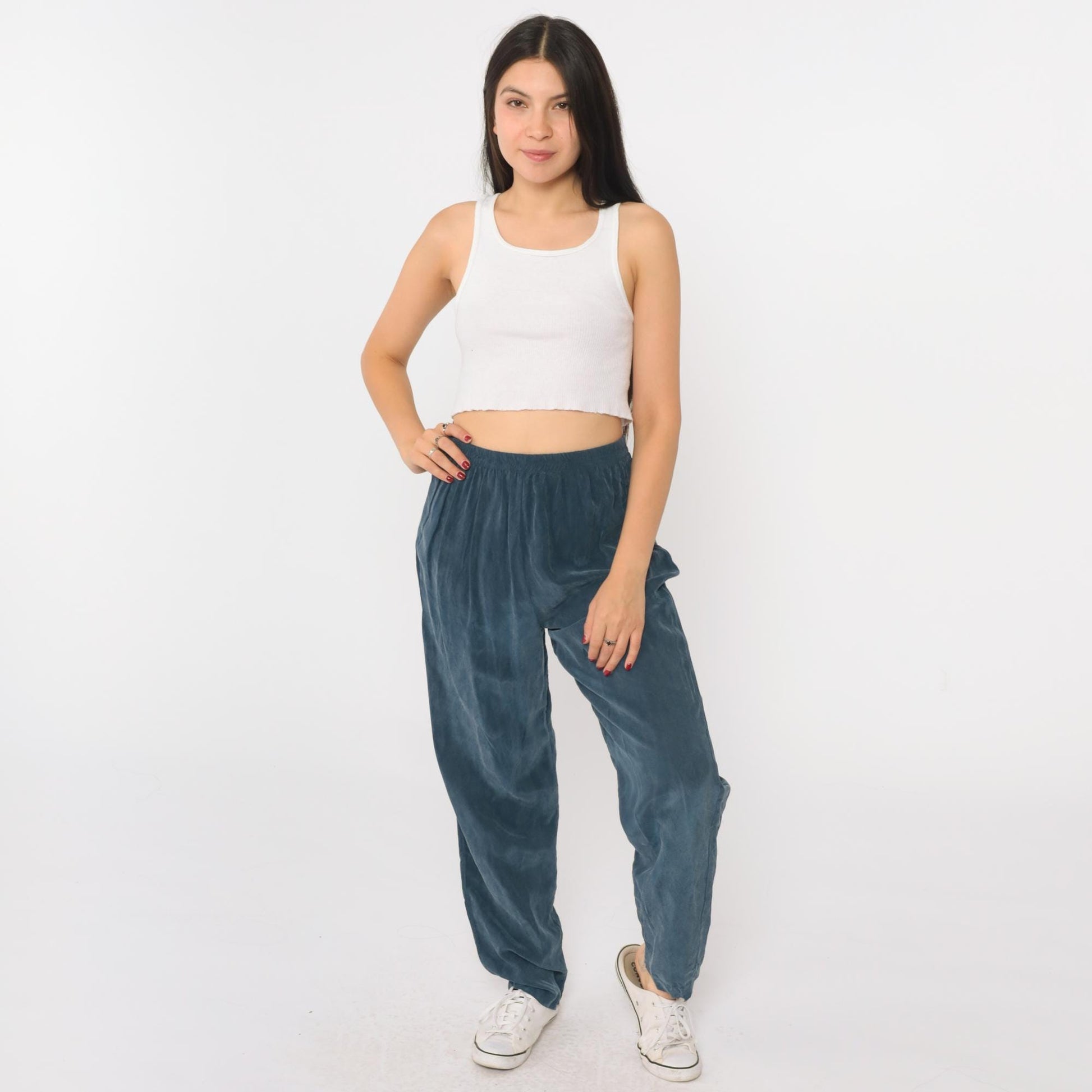 90s Nina Piccalino Blue Rayon High-Waist Tapered Trousers Medium 8