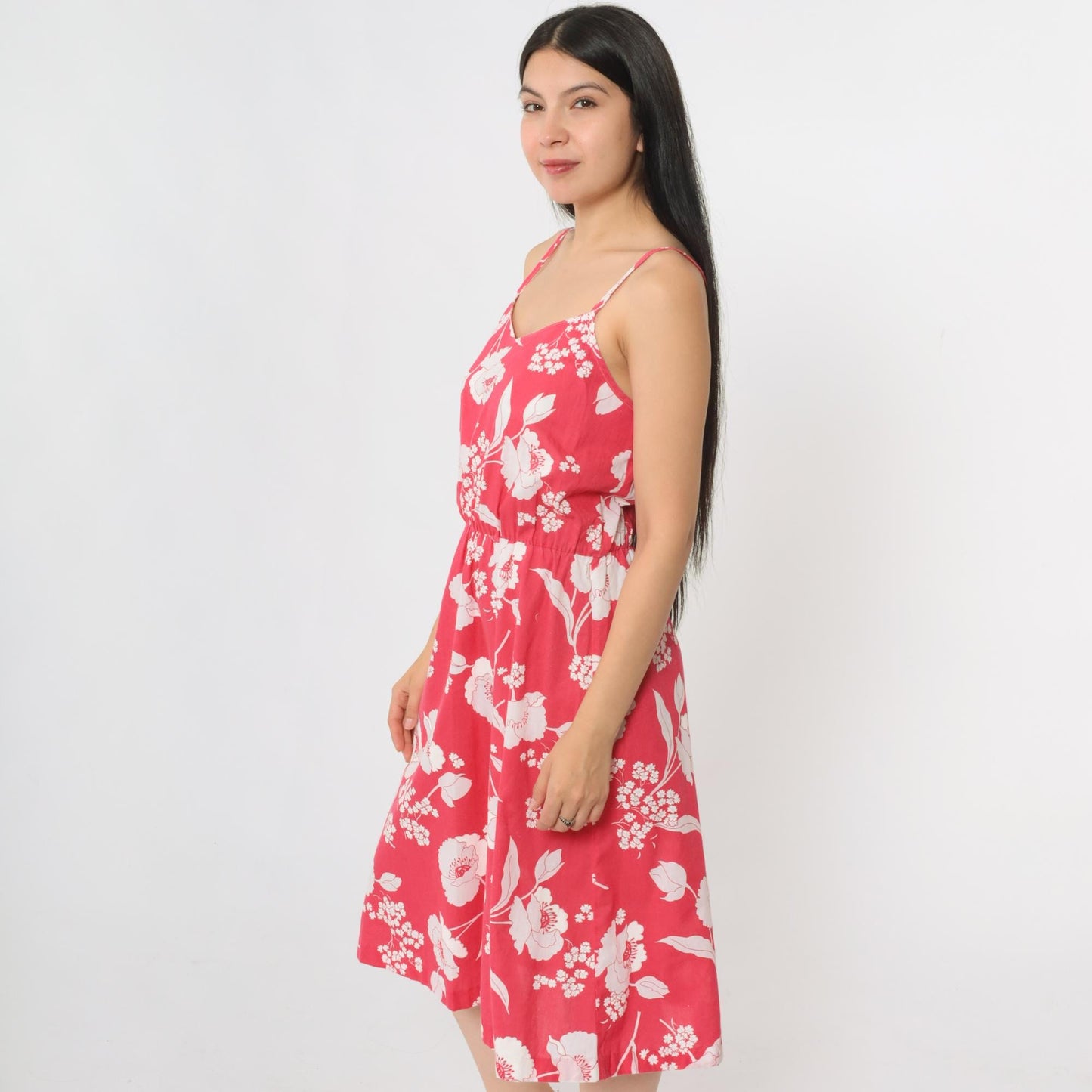 80s Pink Floral Midi Sundress High Waist Sweetheart Neckline Spaghetti Strap Small