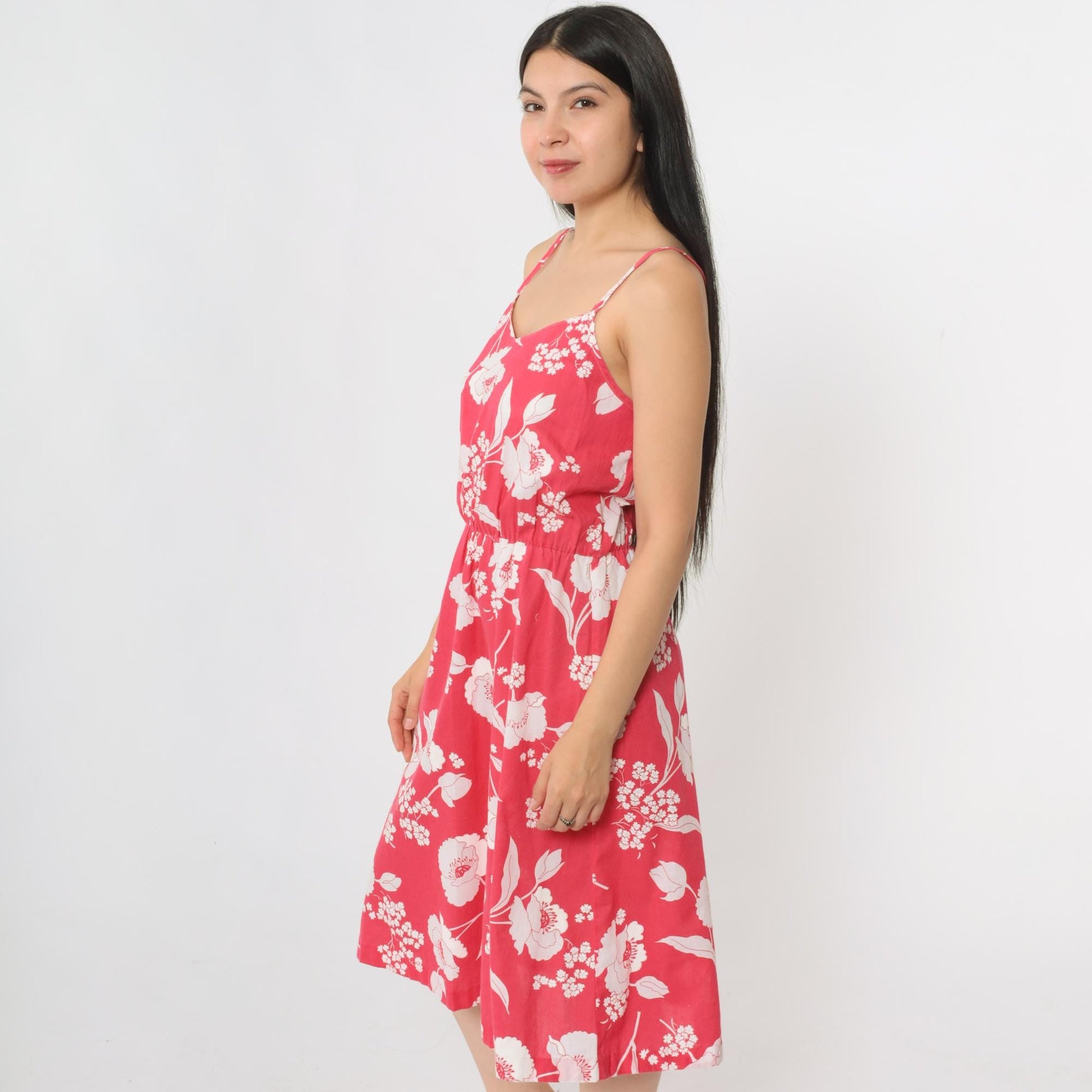 80s Pink Floral Midi Sundress High Waist Sweetheart Neckline Spaghetti Strap Small