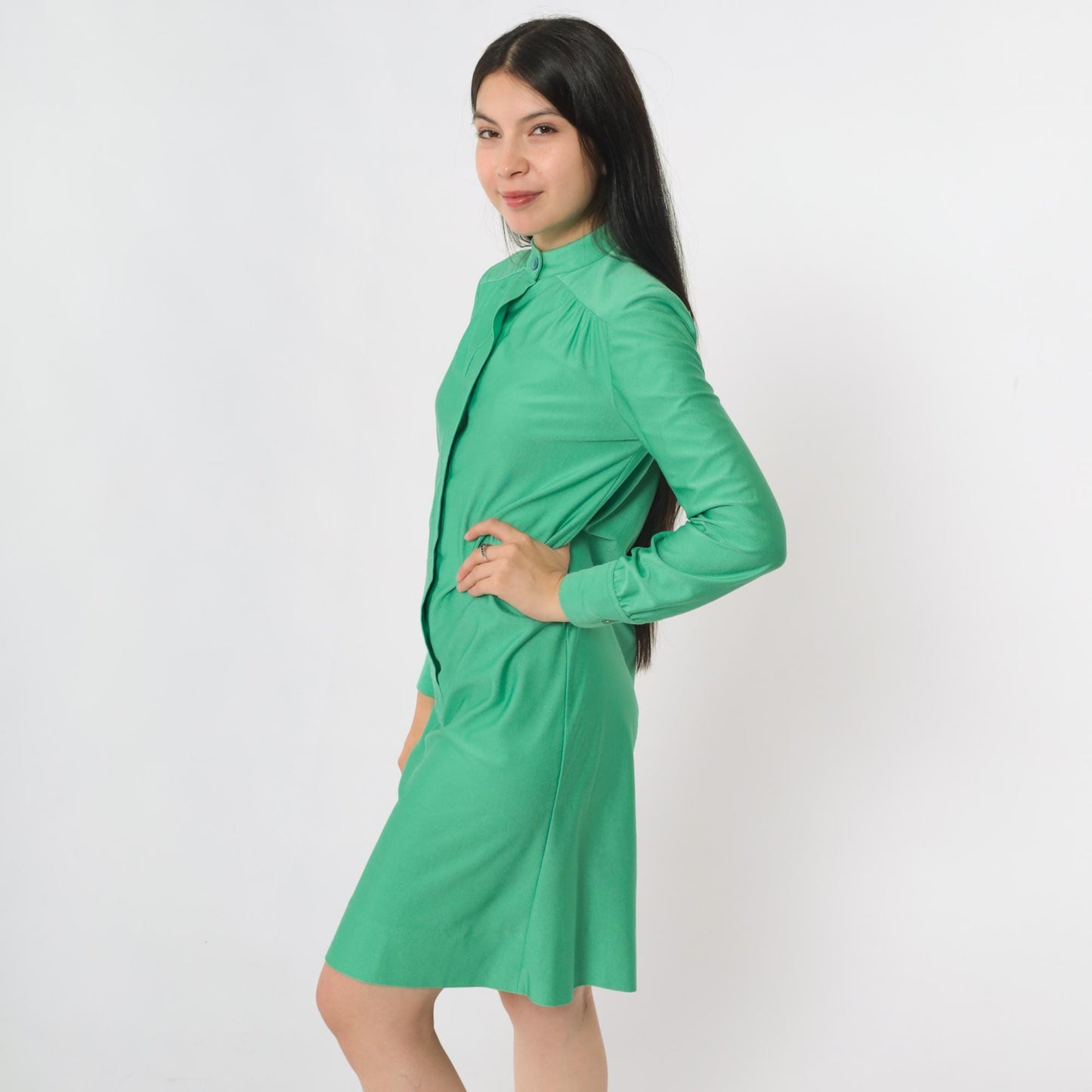 70s Green Mini Shift Dress Button-Up Long Sleeve High Neck Extra Small