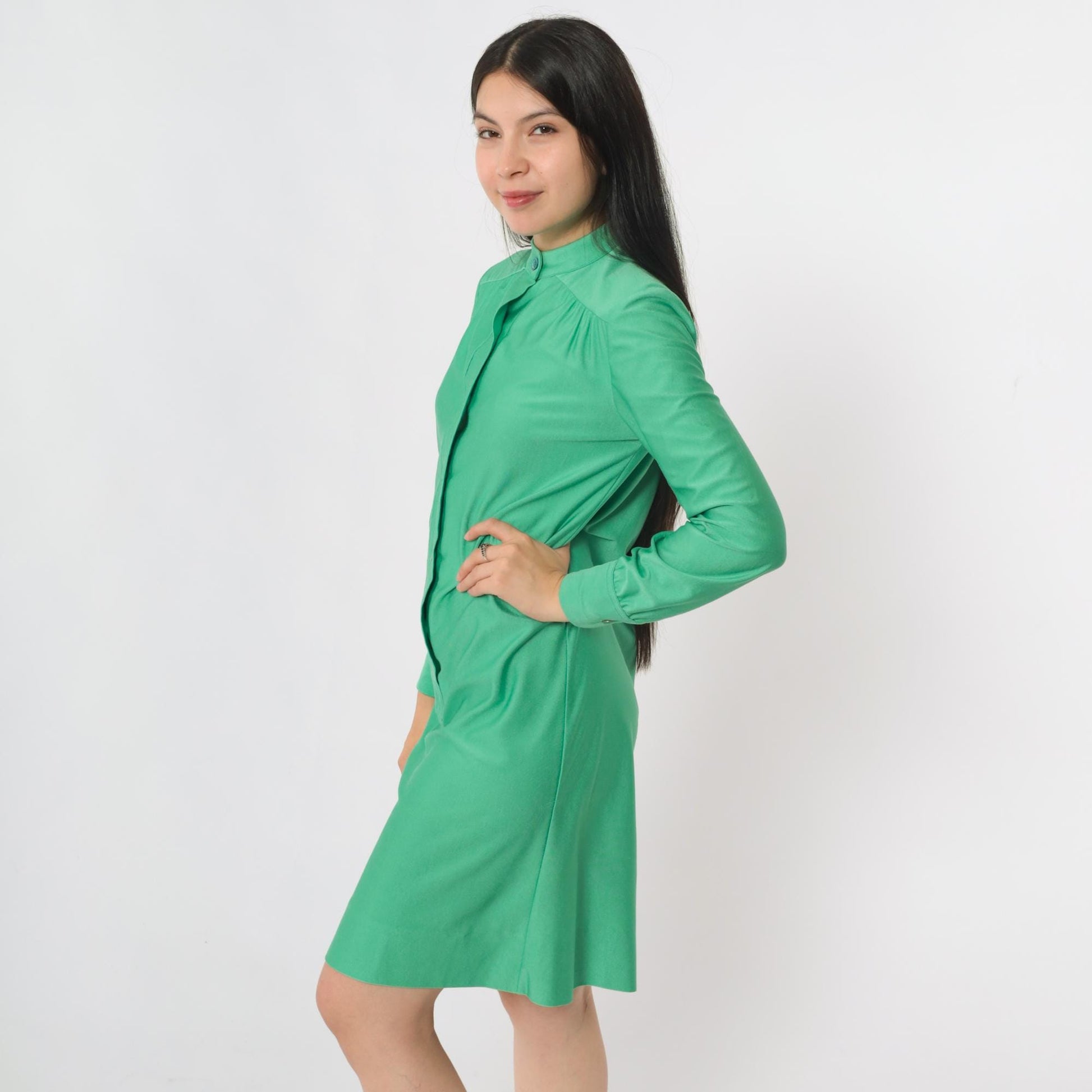 70s Green Mini Shift Dress Button-Up Long Sleeve High Neck Extra Small