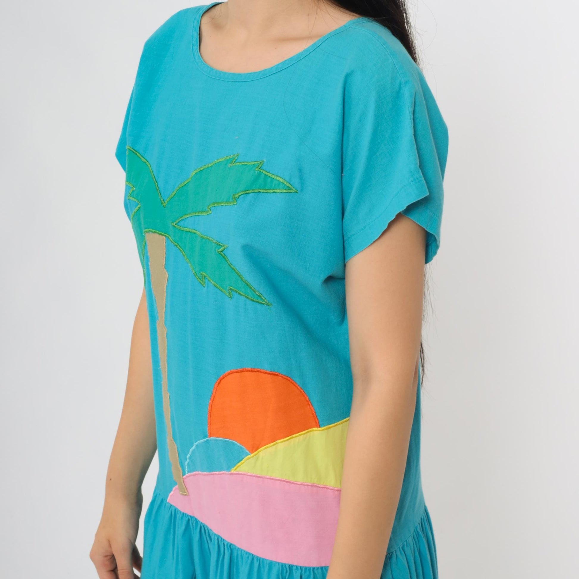 80s Turquoise Tropical Palm Tree Midi Dress Keyhole Back Drop Waist Small