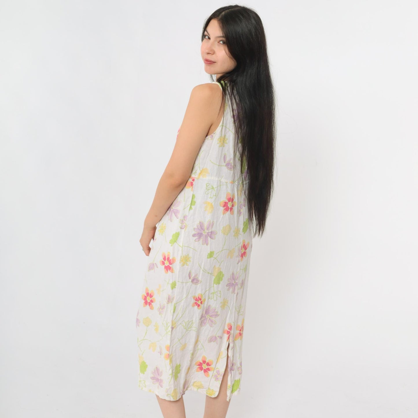 90s White Floral Linen Midi Dress Sleeveless High Waist Small 4