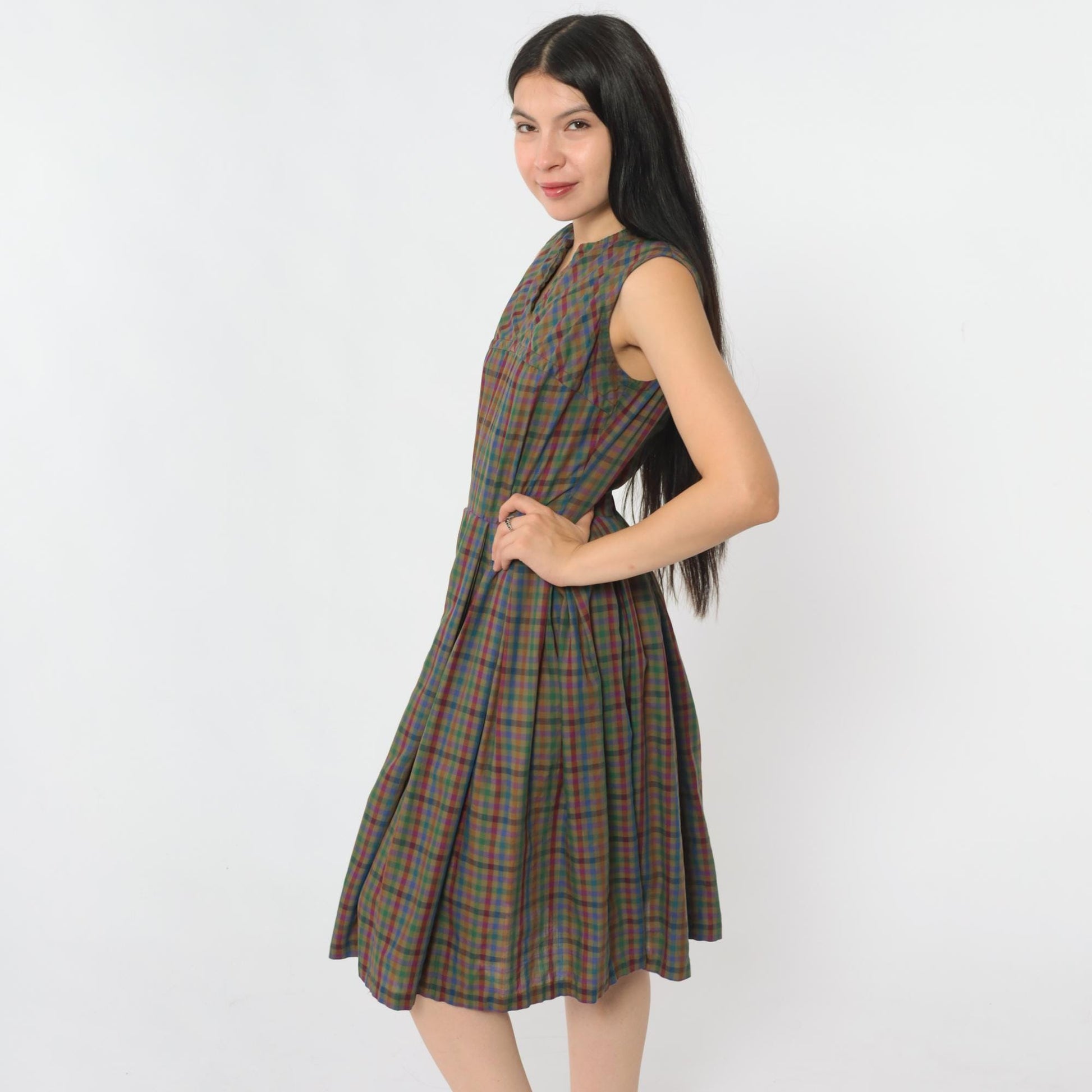 1960s Sue Brett Olive Gingham Sleeveless Midi Dress High Waist Pleated Extra Small